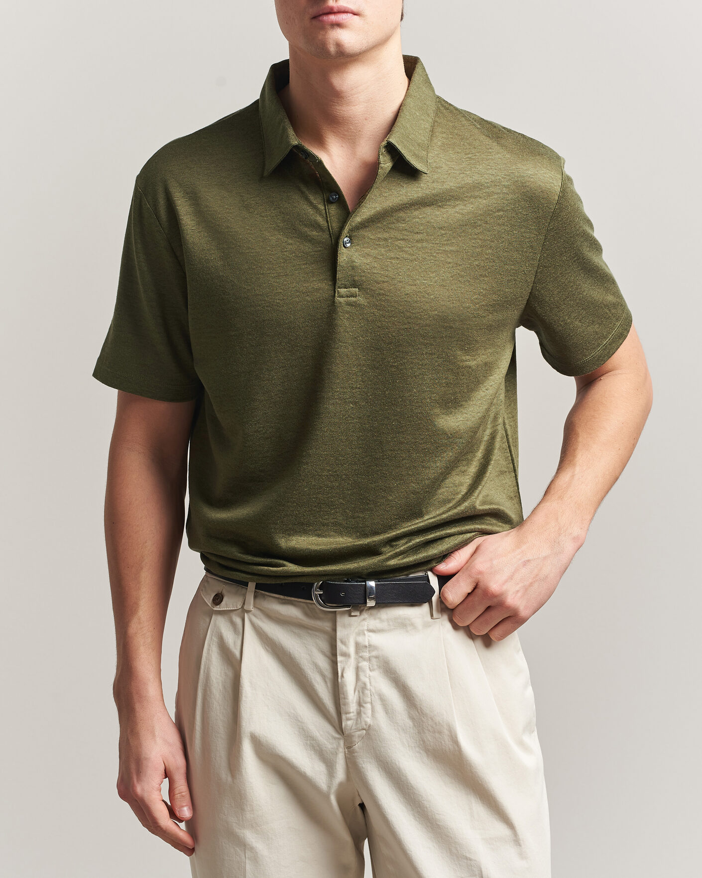 Herre | Pikéer | Charles Tyrwhitt | Short Sleeve Linen Polo Olive