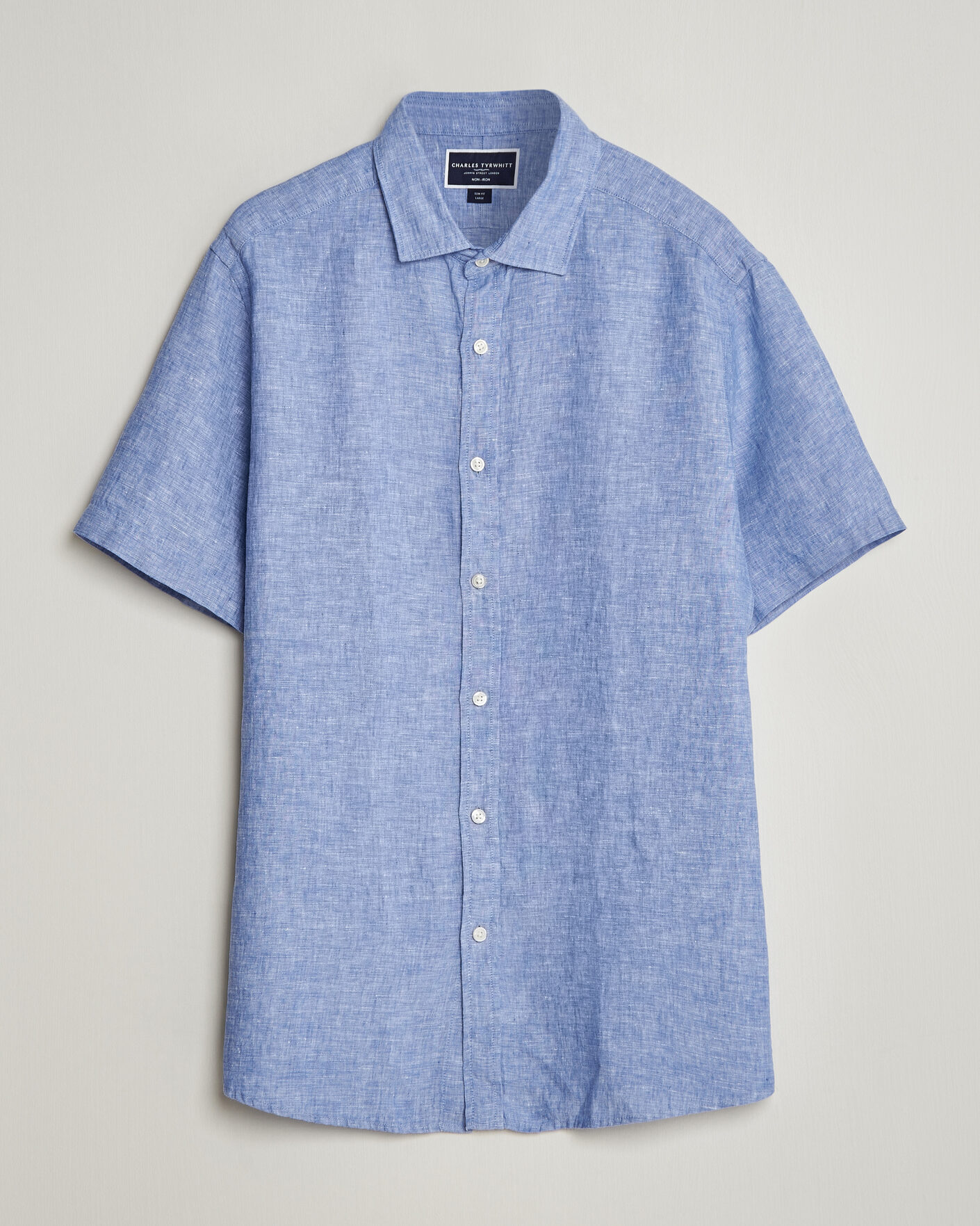 Herre | Skjorter | Charles Tyrwhitt | Pure Linen Short Sleeve Slim Fit Shirt Cornflower Blue