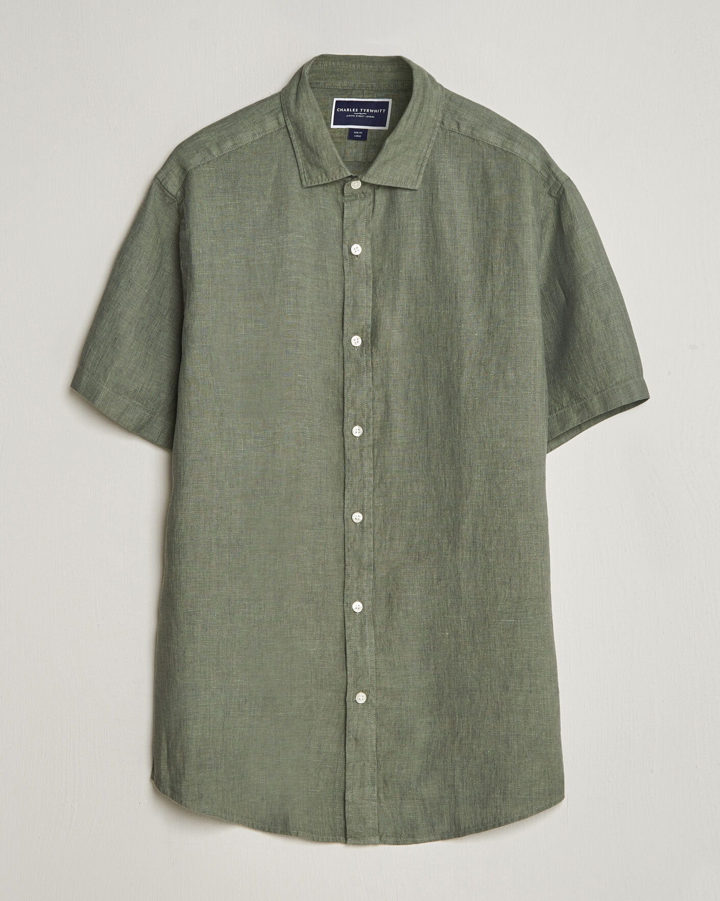 Herre | Skjorter | Charles Tyrwhitt | Pure Linen Short Sleeve Slim Fit Shirt Olive