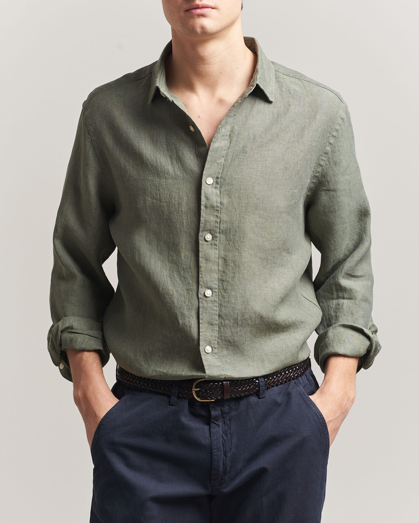 Herre | Skjorter | Charles Tyrwhitt | Pure Linen Slim Fit Shirt Olive Green