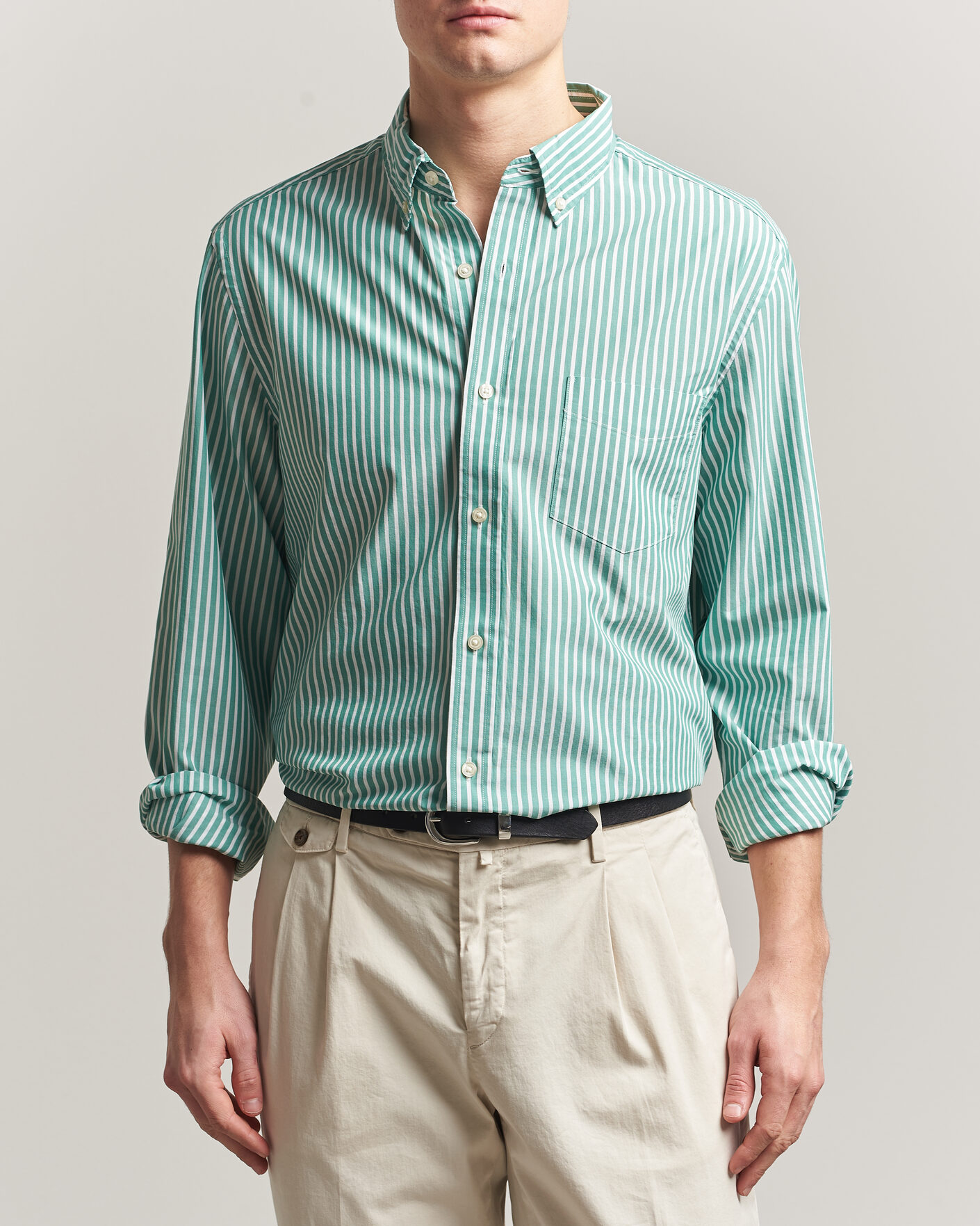 Herre | Skjorter | Charles Tyrwhitt | Button Down Stretch Poplin Shirt Green Stripe