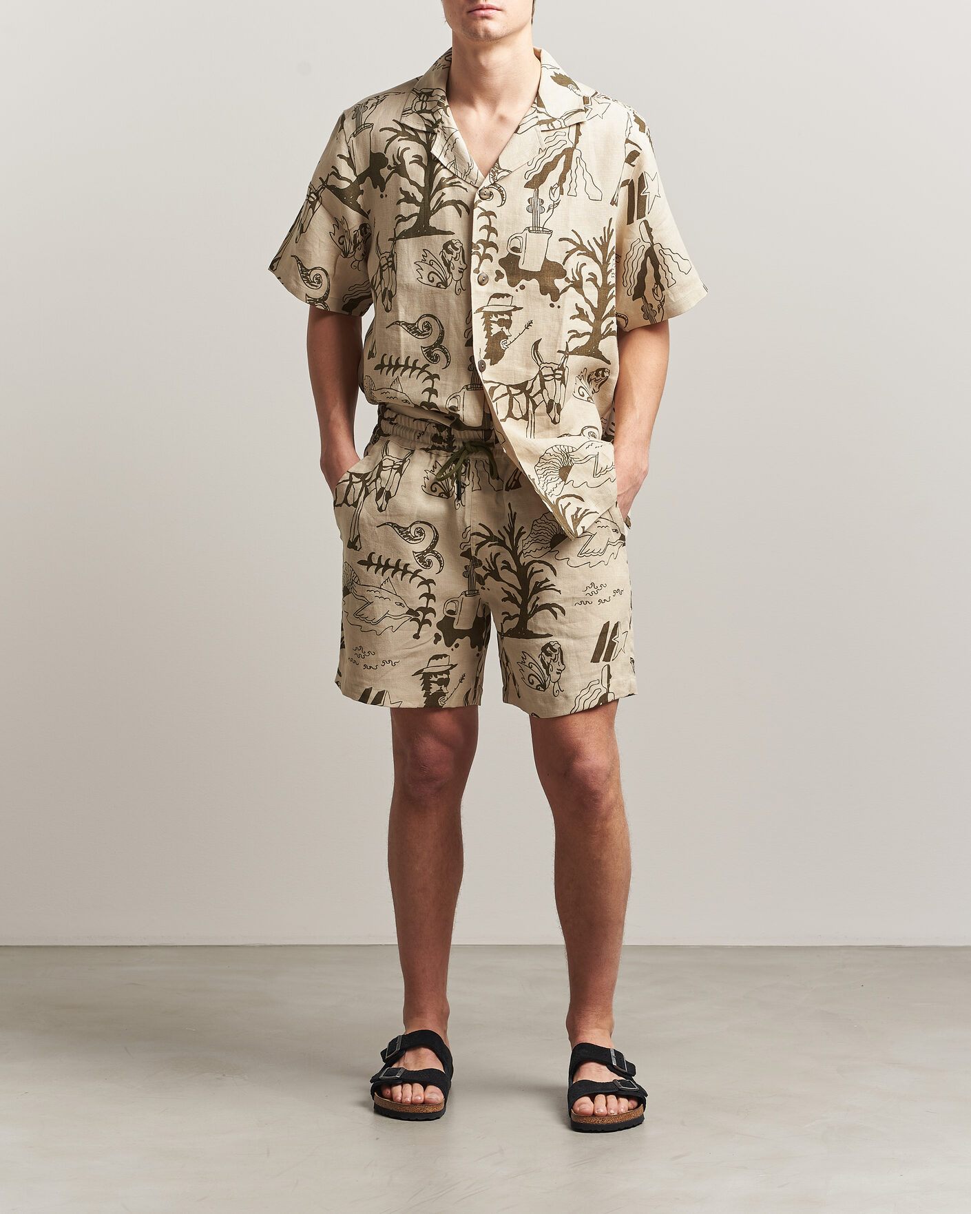 Herre | Skjorter | OAS | Cuba Short Sleeve Printed Linen Shirt Poplan