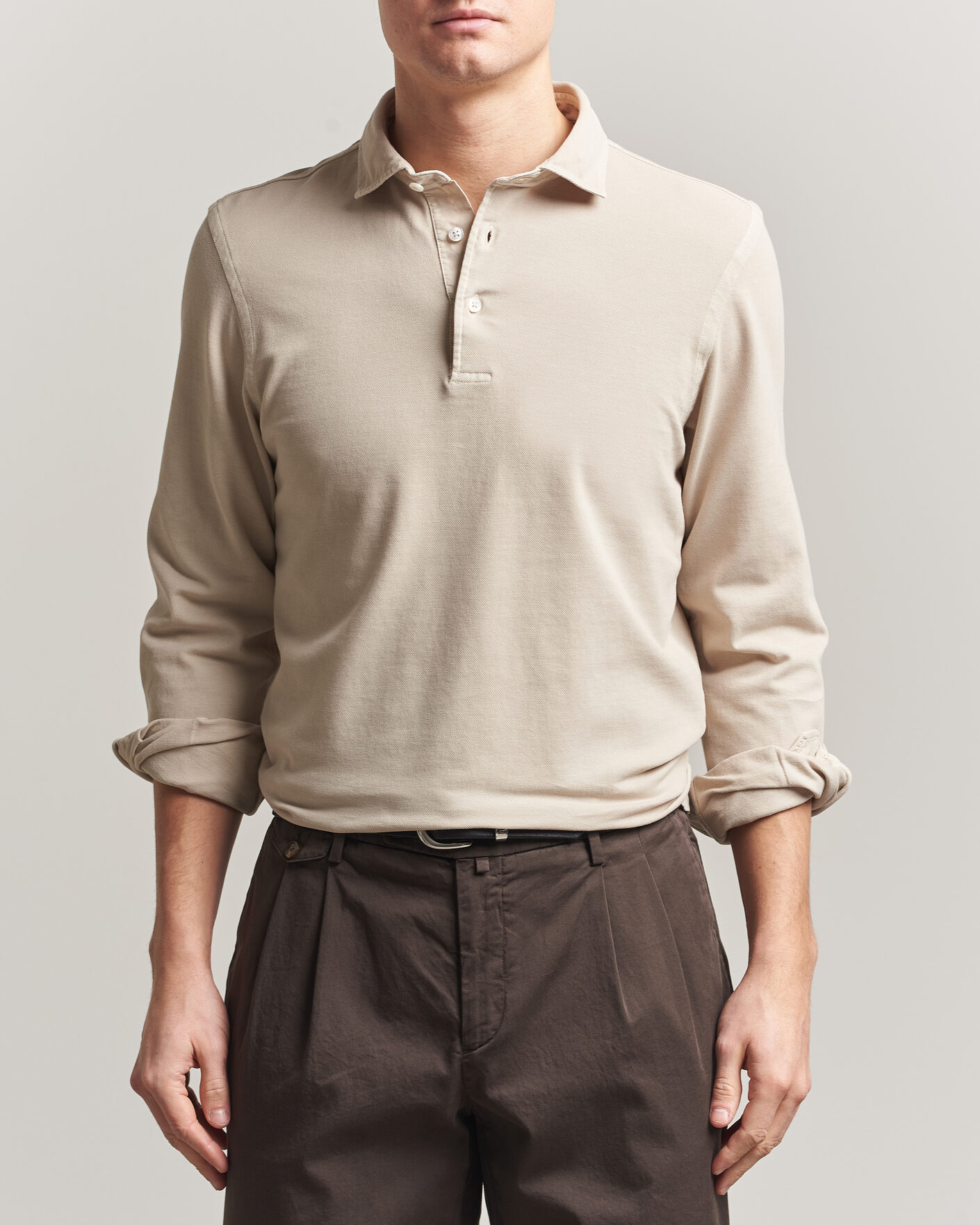 Herre | Pikéer | Gran Sasso | Washed Long Sleeve Polo Beige Melange