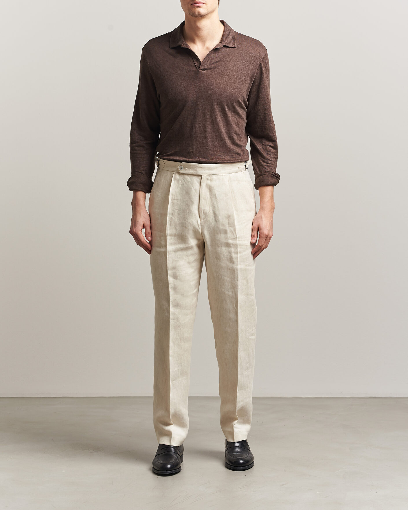 Herre | Pikéer | Gran Sasso | Washed Linen Long Sleeve Polo Brown Melange