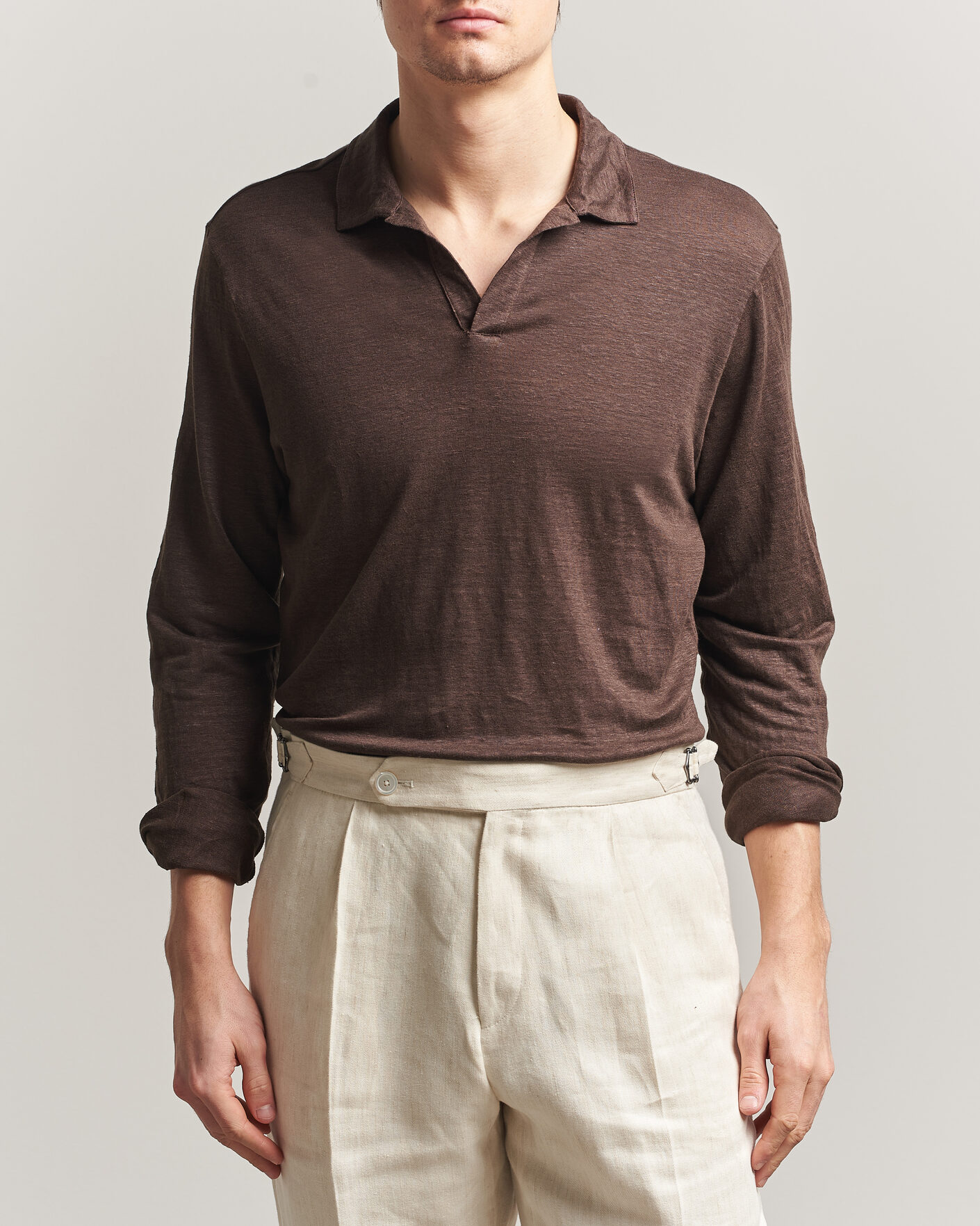 Herre | Pikéer | Gran Sasso | Washed Linen Long Sleeve Polo Brown Melange