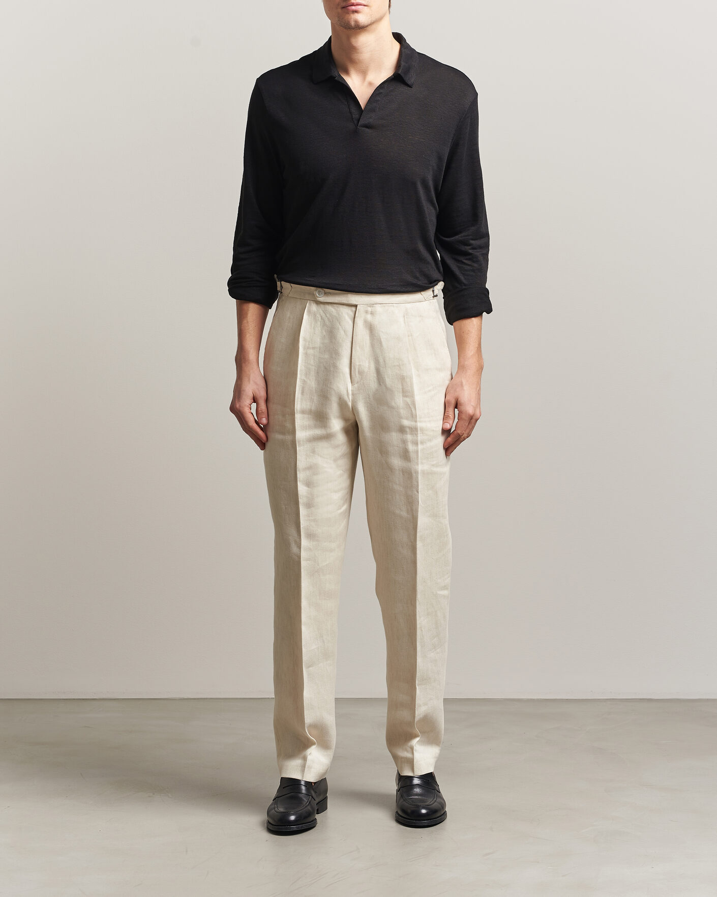 Herre | Pikéer | Gran Sasso | Washed Linen Long Sleeve Polo Black