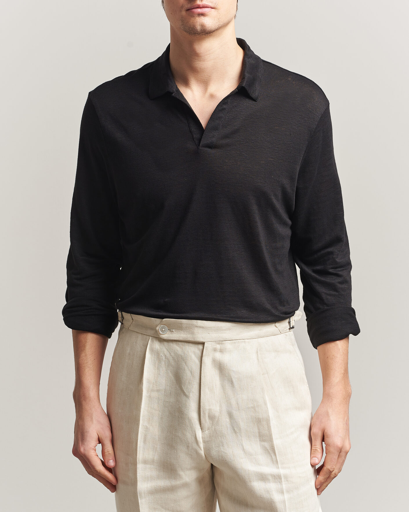 Herre | Pikéer | Gran Sasso | Washed Linen Long Sleeve Polo Black