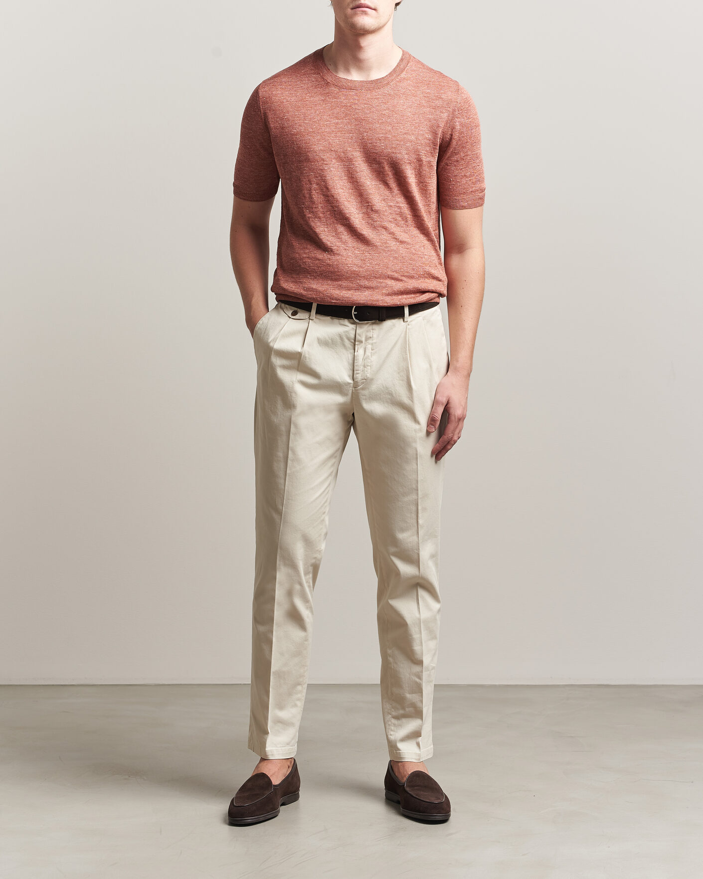 Herre | T-Shirts | Gran Sasso | Washed Knitted Linen T-Shirt Apricot Orange Melange