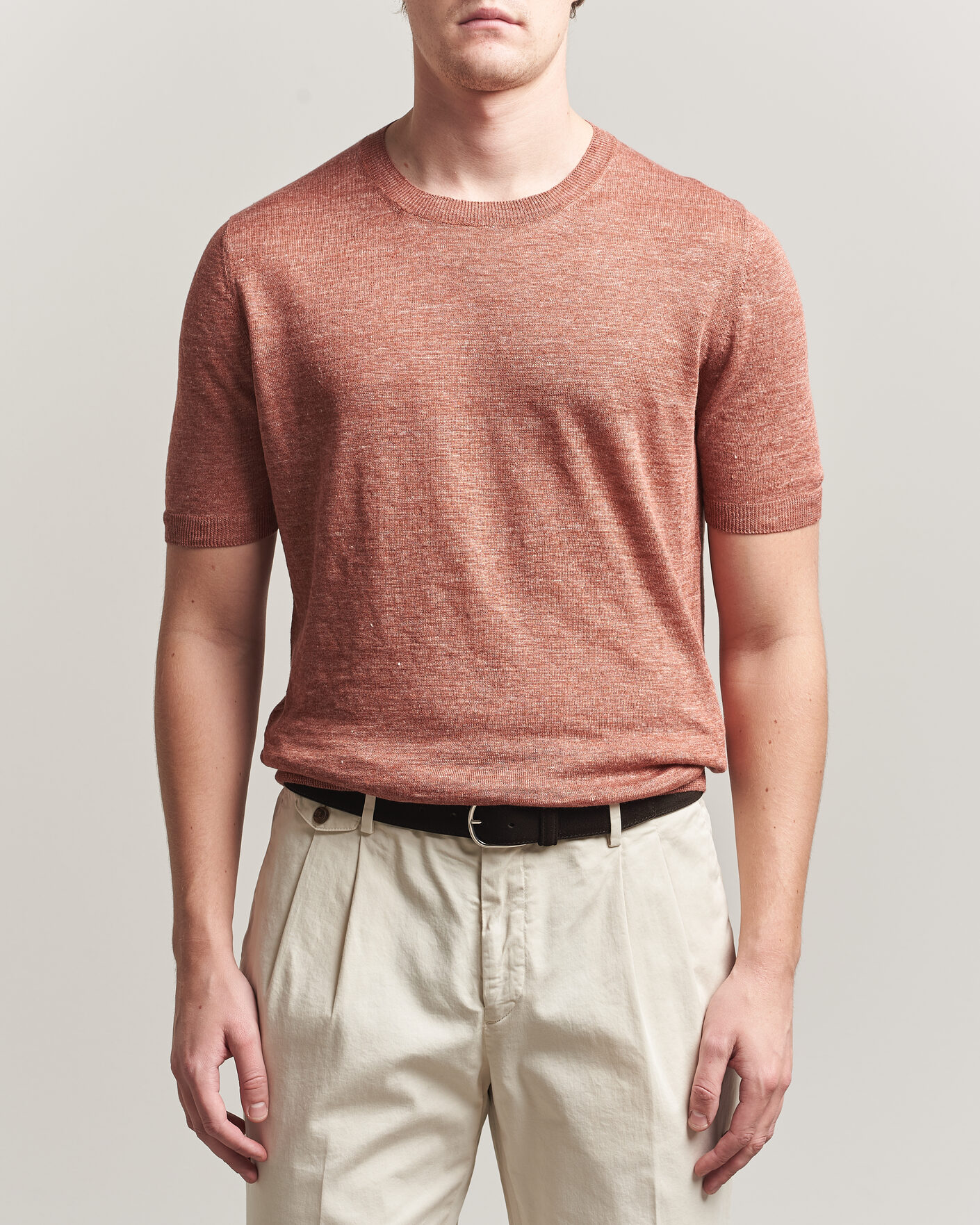 Herre | T-Shirts | Gran Sasso | Washed Knitted Linen T-Shirt Apricot Orange Melange