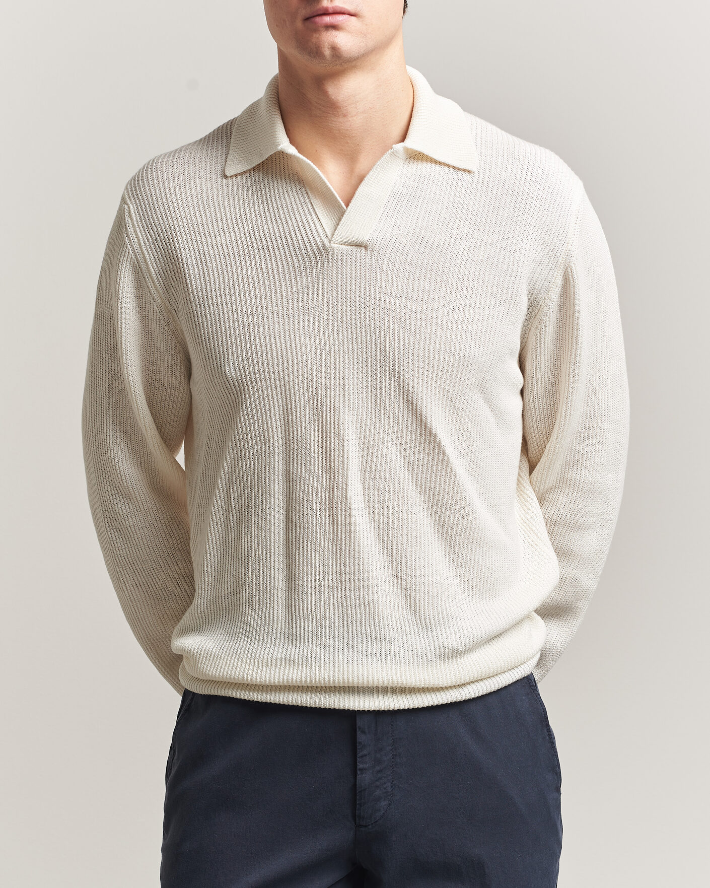 Herre | Gensere | Gran Sasso | Linen/Cotton Open Collar Knitted Polo Cream