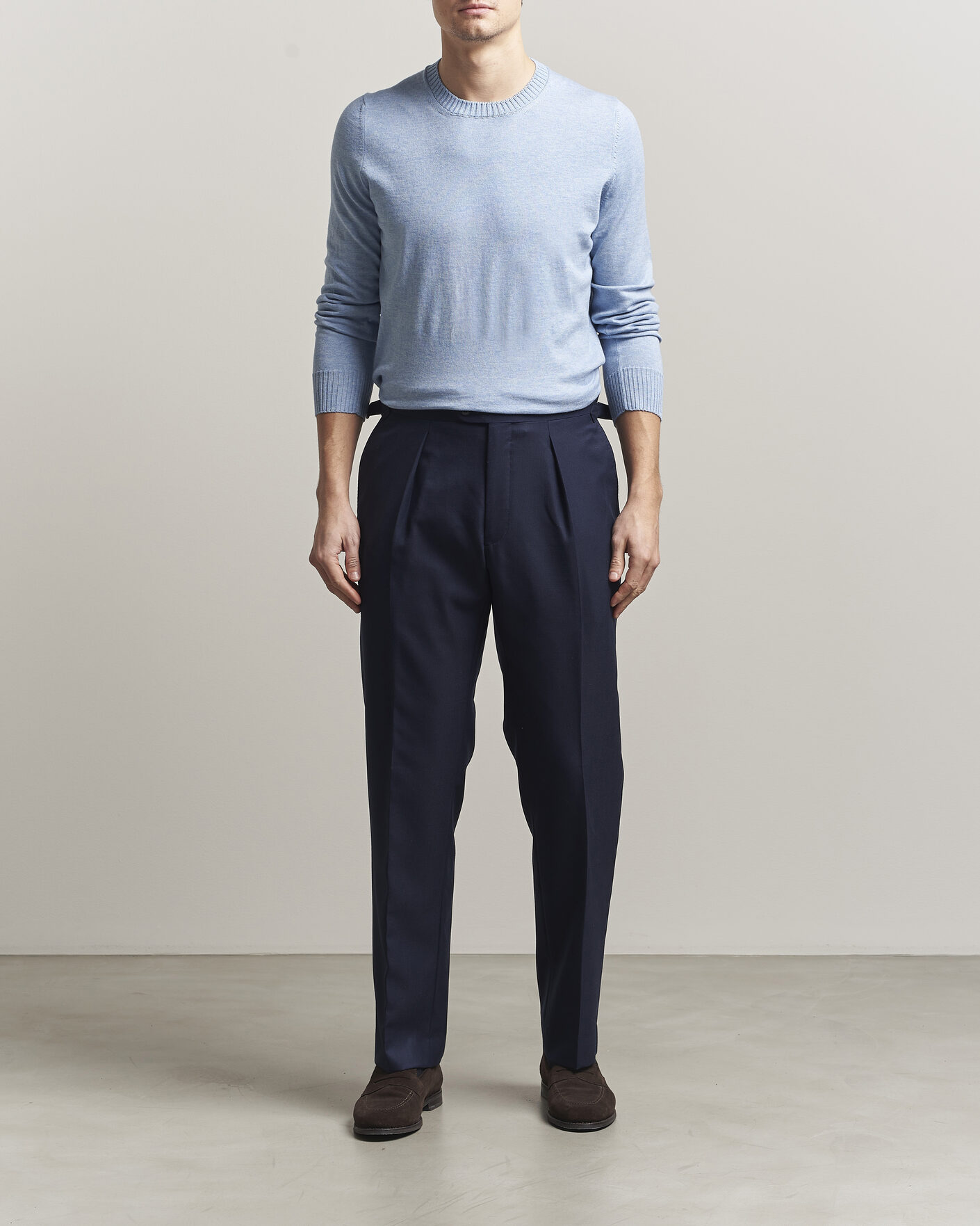Herre | Gensere | Gran Sasso | Cotton/Cashmere Knitted Crew Neck Sweater Blue Melange