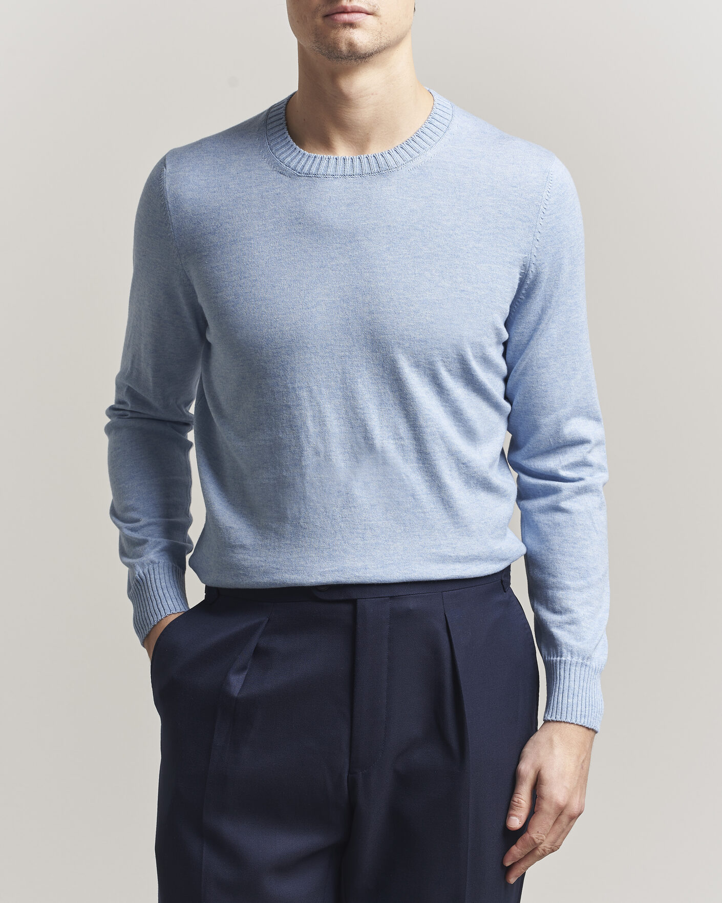 Herre | Gensere | Gran Sasso | Cotton/Cashmere Knitted Crew Neck Sweater Blue Melange