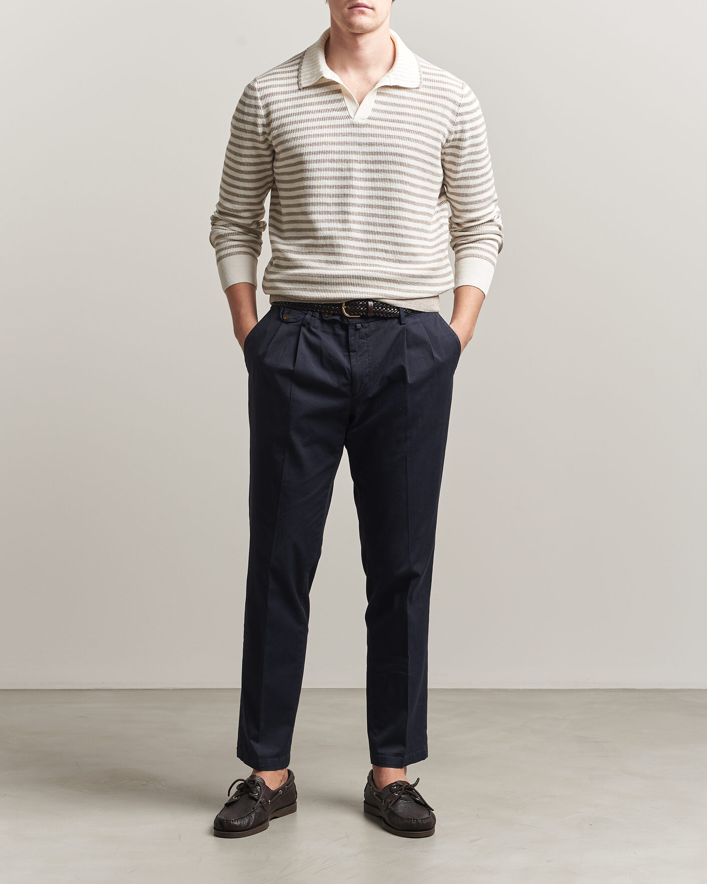 Herre | Gensere | Gran Sasso | Linen/Cotton Knitted Striped Polo Beige/White