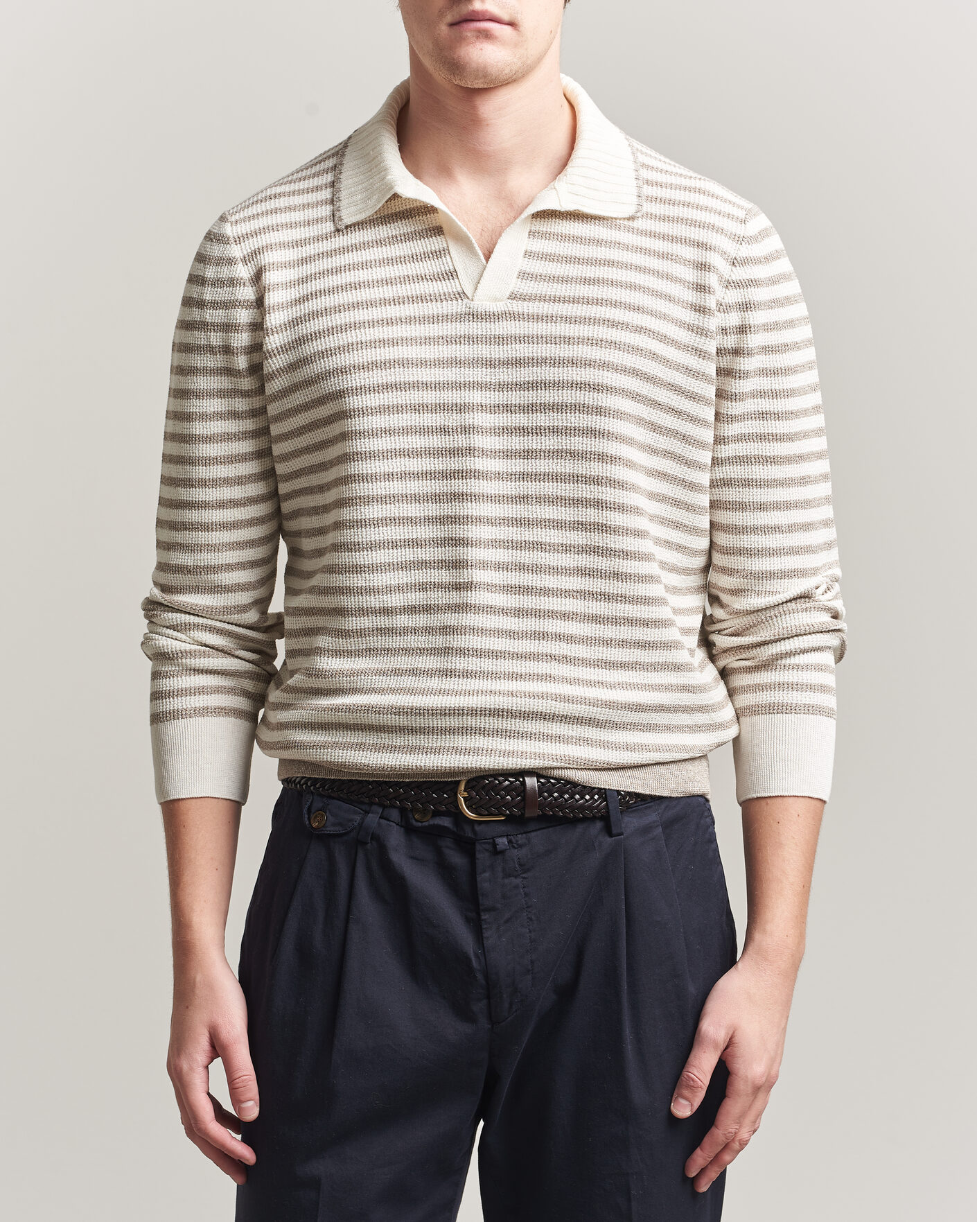 Herre | Gensere | Gran Sasso | Linen/Cotton Knitted Striped Polo Beige/White