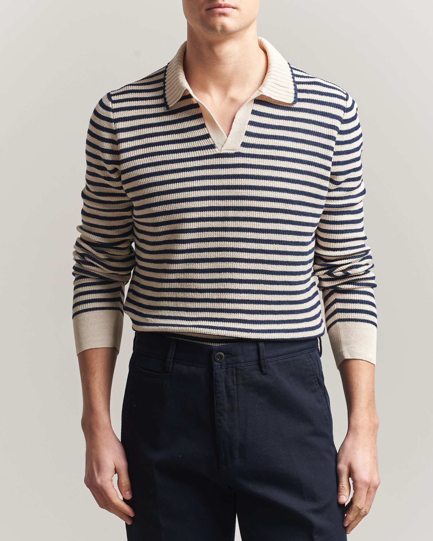 Herre | Gensere | Gran Sasso | Linen/Cotton Knitted Striped Polo Navy/White
