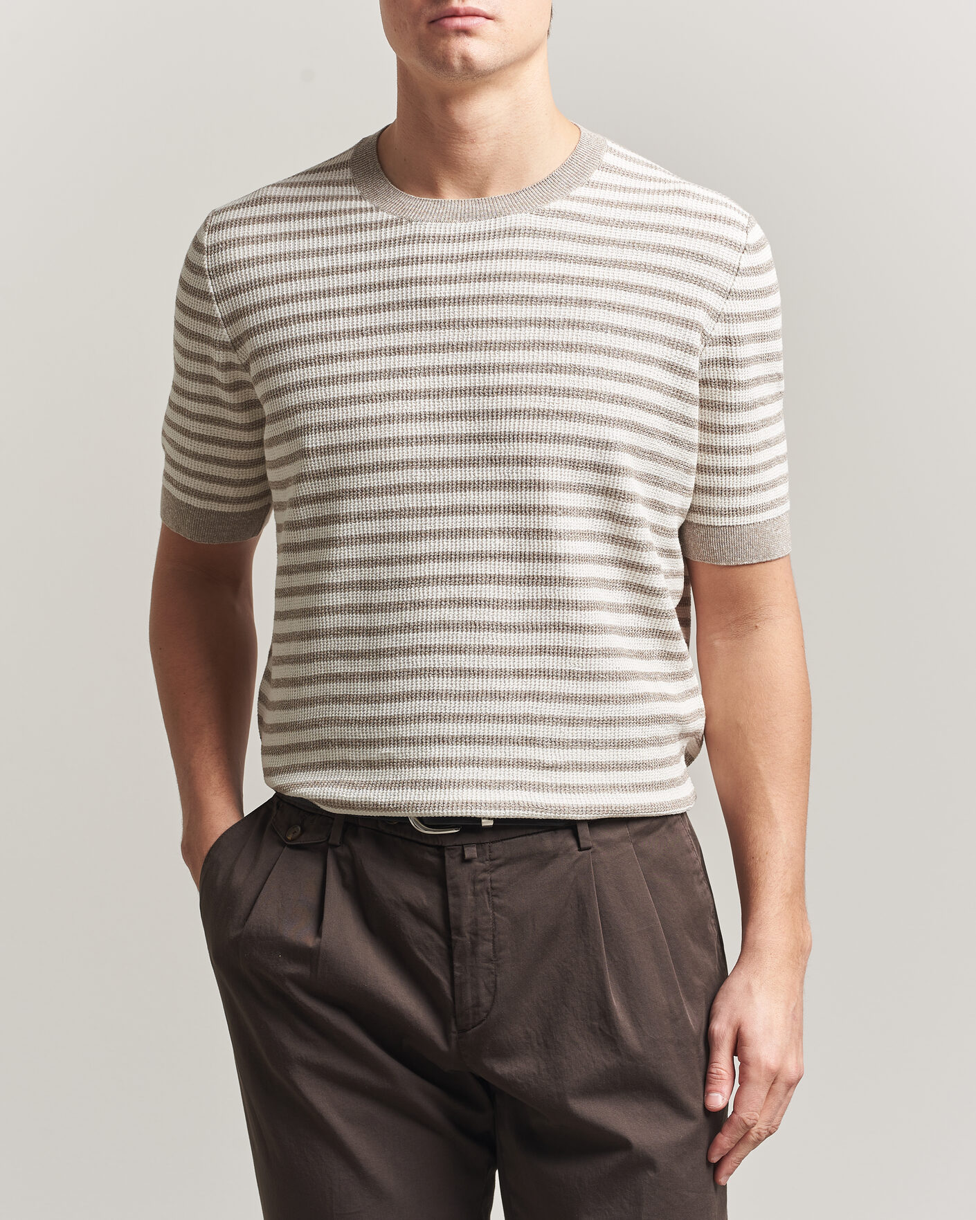 Herre | T-Shirts | Gran Sasso | Linen/Cotton Knitted Striped T-Shirt Beige/White