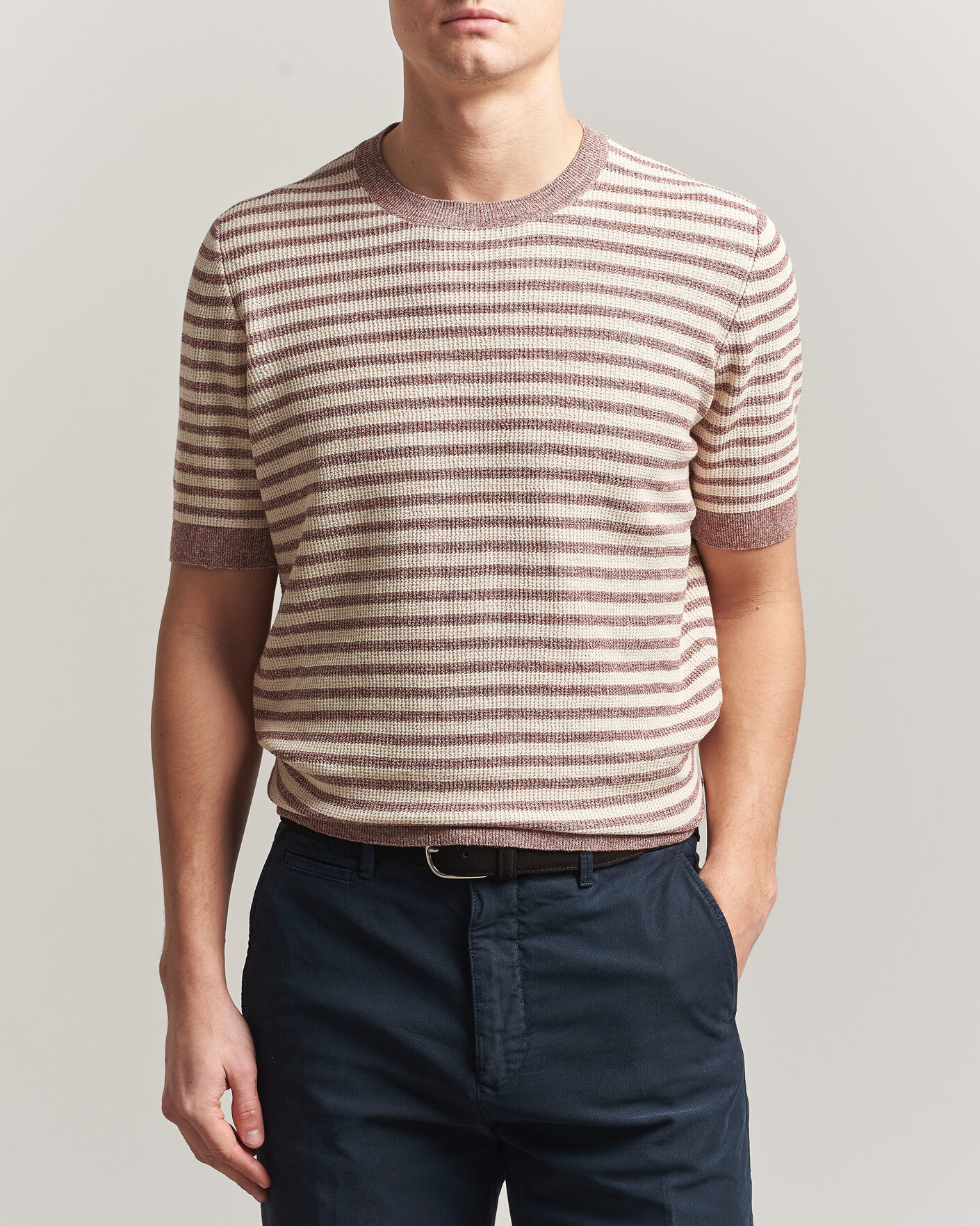 Herre | T-Shirts | Gran Sasso | Linen/Cotton Knitted Striped T-Shirt Red/White