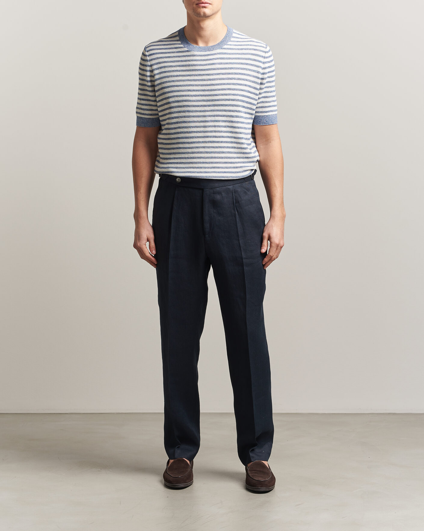 Herre | T-Shirts | Gran Sasso | Linen/Cotton Knitted Striped T-Shirt Blue/White