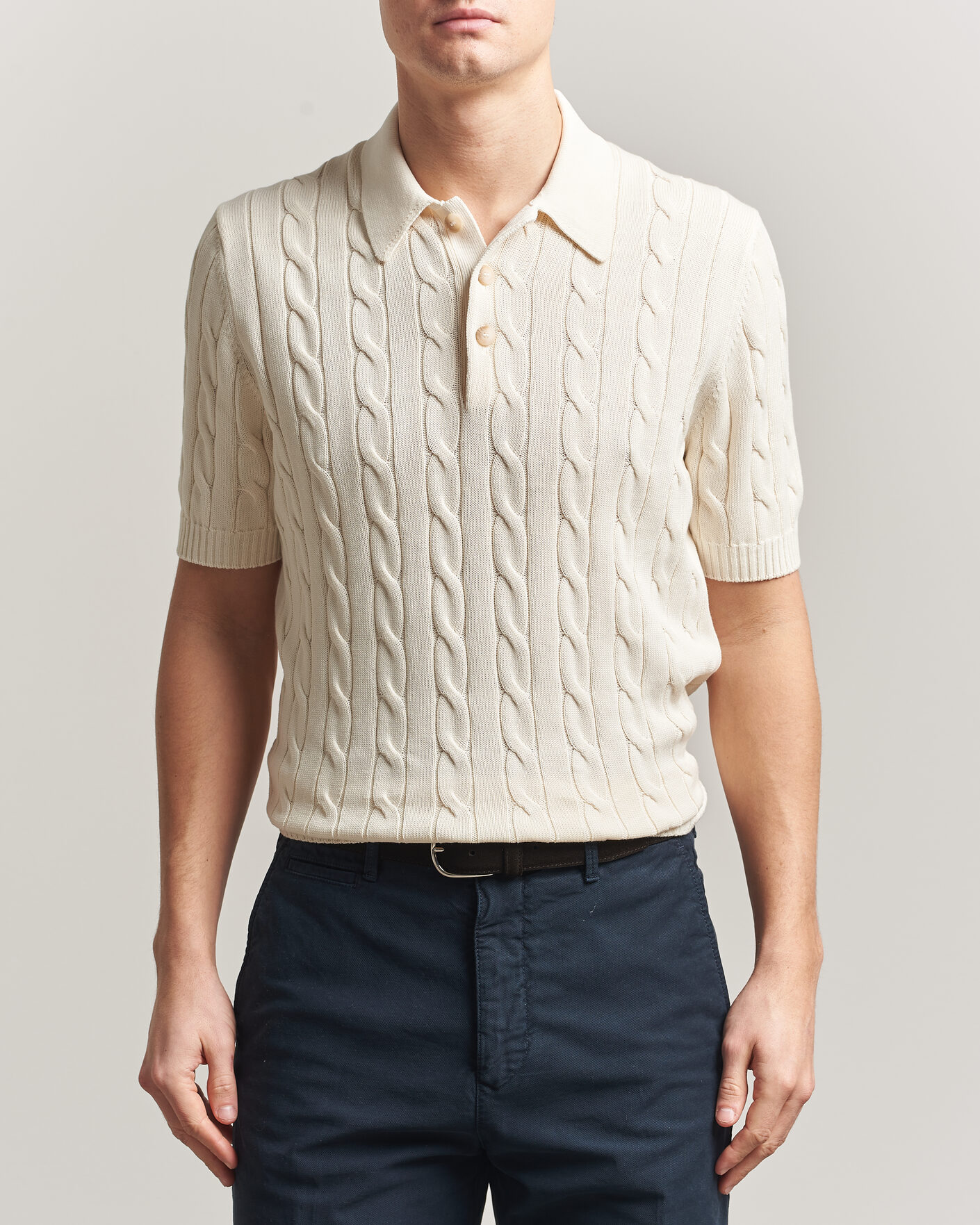 Herre | Pikéer | Gran Sasso | Cotton Cable Knitted Polo Cream