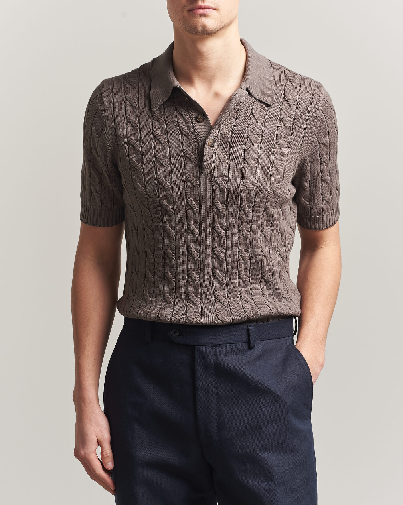 Herre | Pikéer | Gran Sasso | Cotton Cable Knitted Polo Brown