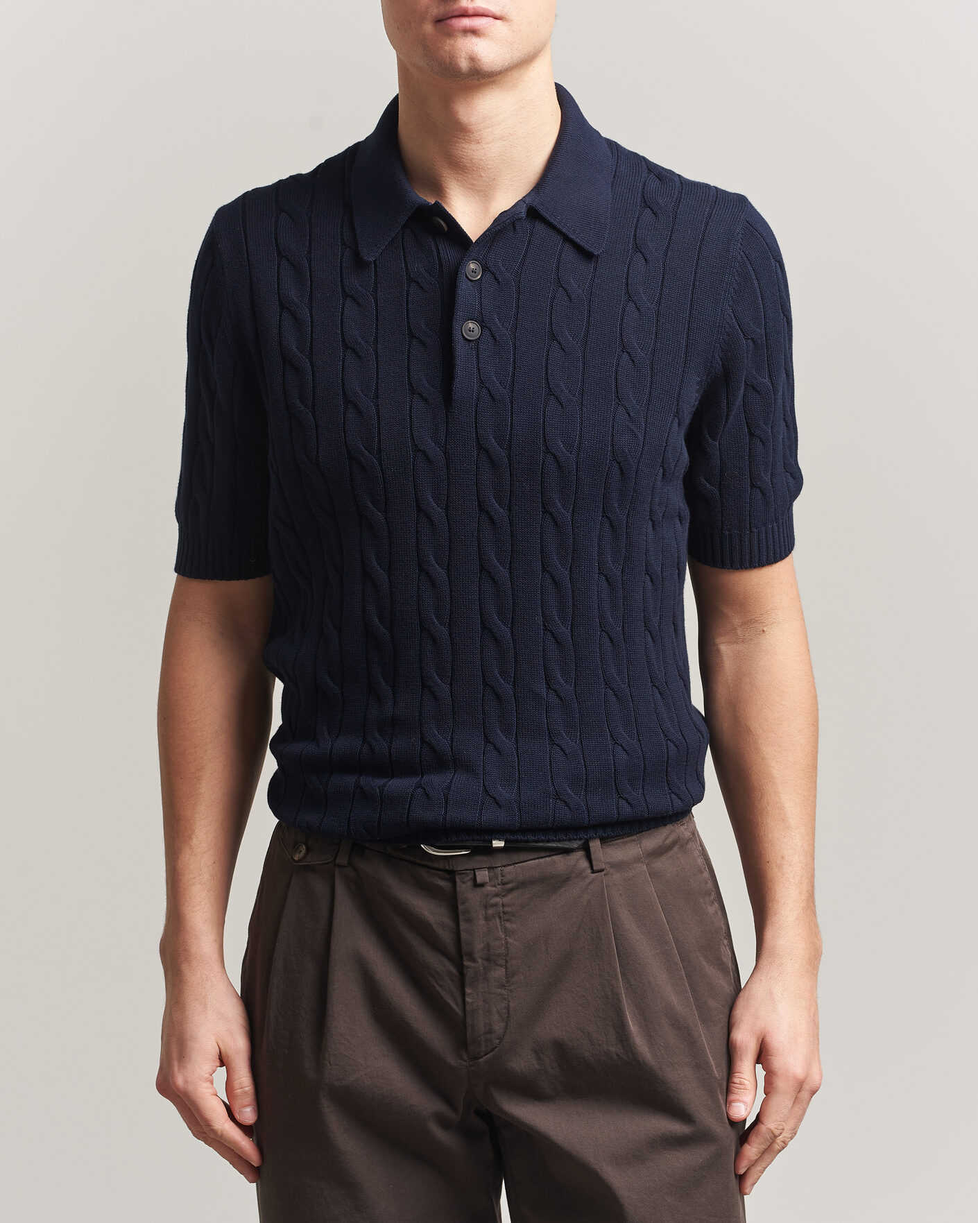 Herre | Pikéer | Gran Sasso | Cotton Cable Knitted Polo Navy
