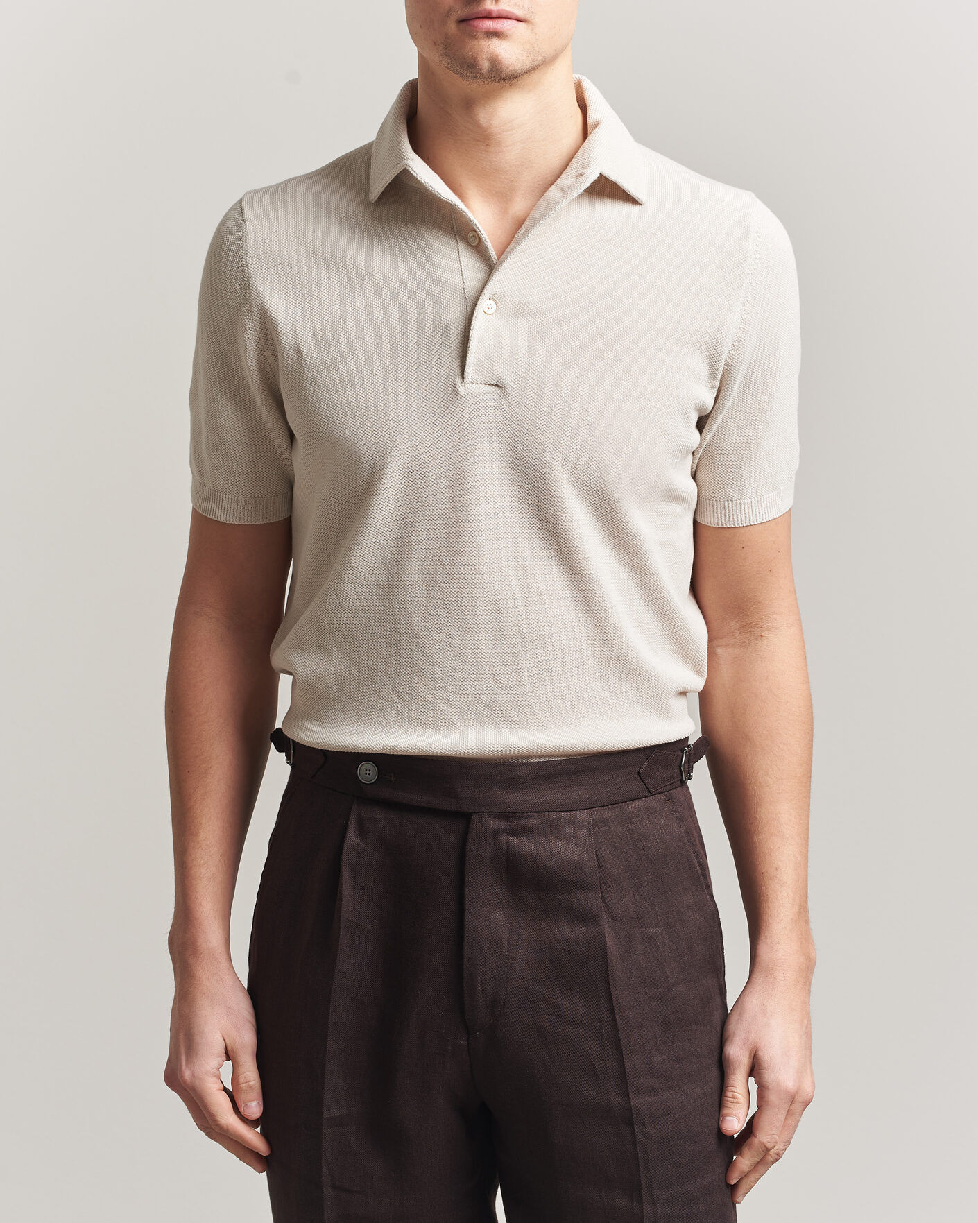 Herre | Pikéer | Gran Sasso | Cotton Textured Knitted Polo Light Beige