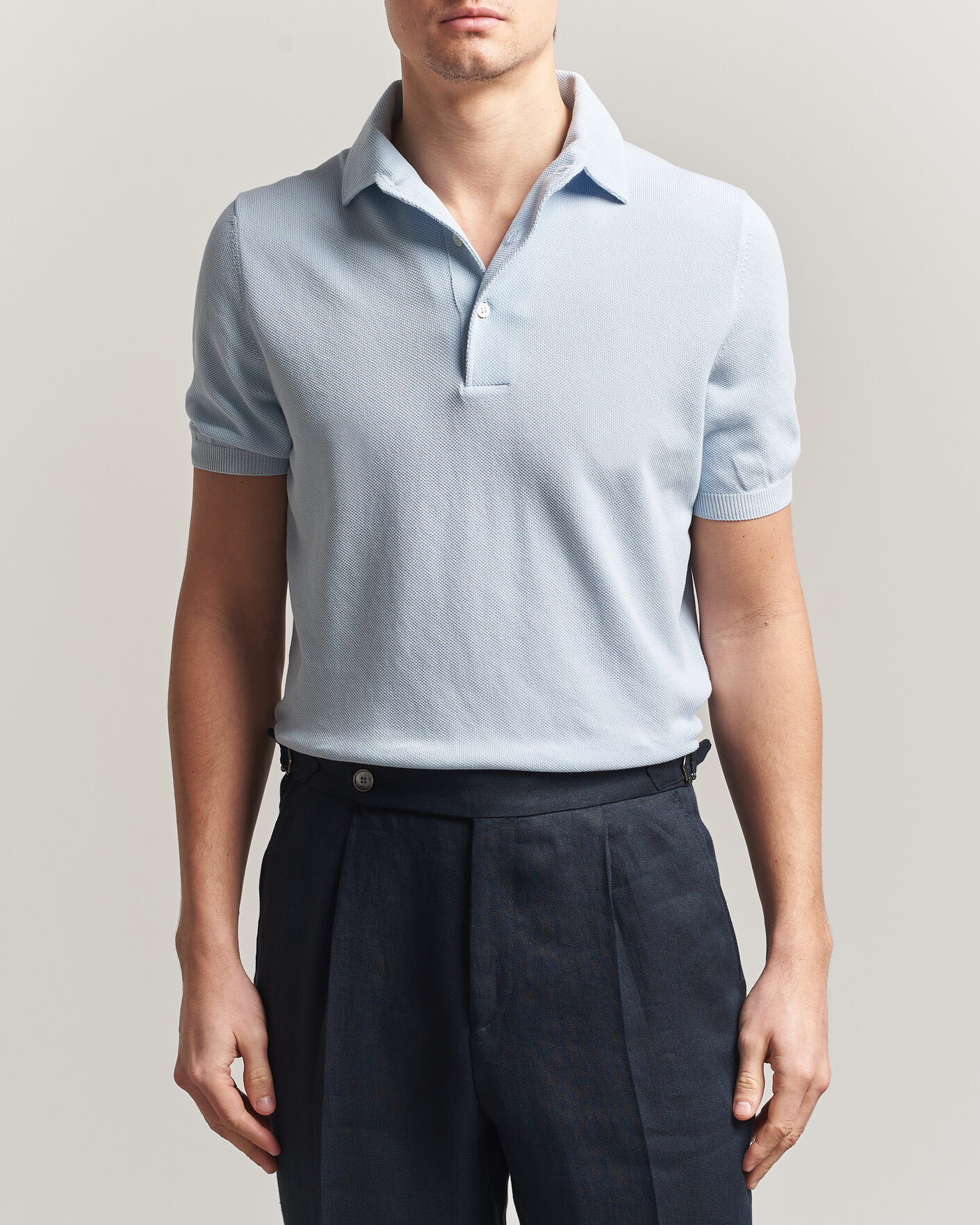 Herre | Pikéer | Gran Sasso | Cotton Textured Knitted Polo Light Blue