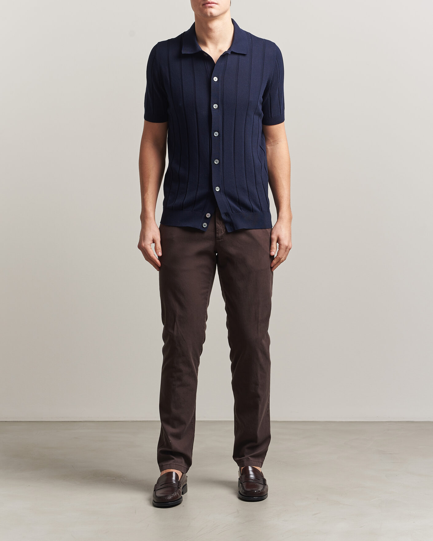 Herre | Skjorter | Gran Sasso | Cotton Ribbed Knitted Resort Shirt Navy