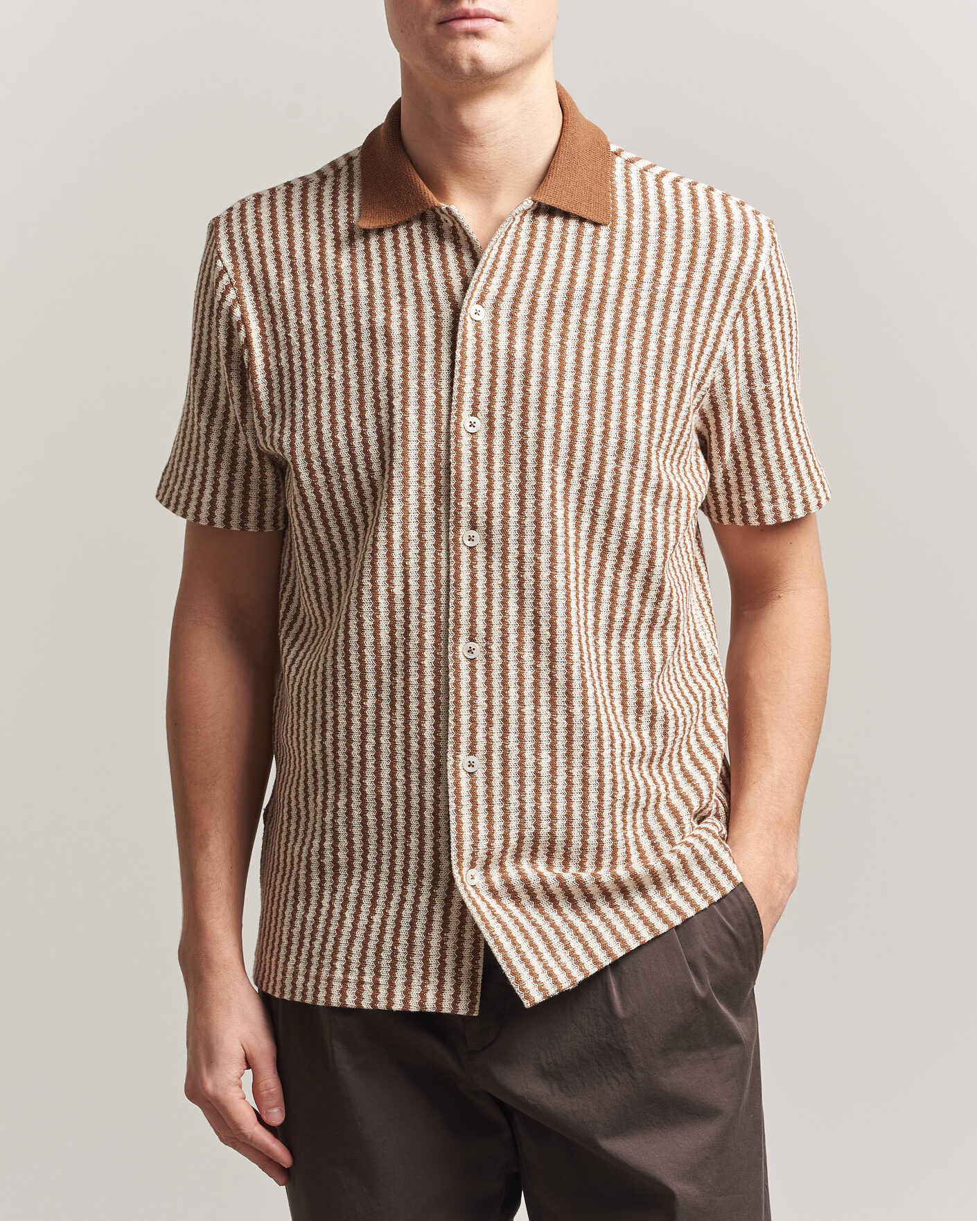 Herre | Skjorter | Gran Sasso | Cotton Knitted Striped Resort Shirt Brown/White