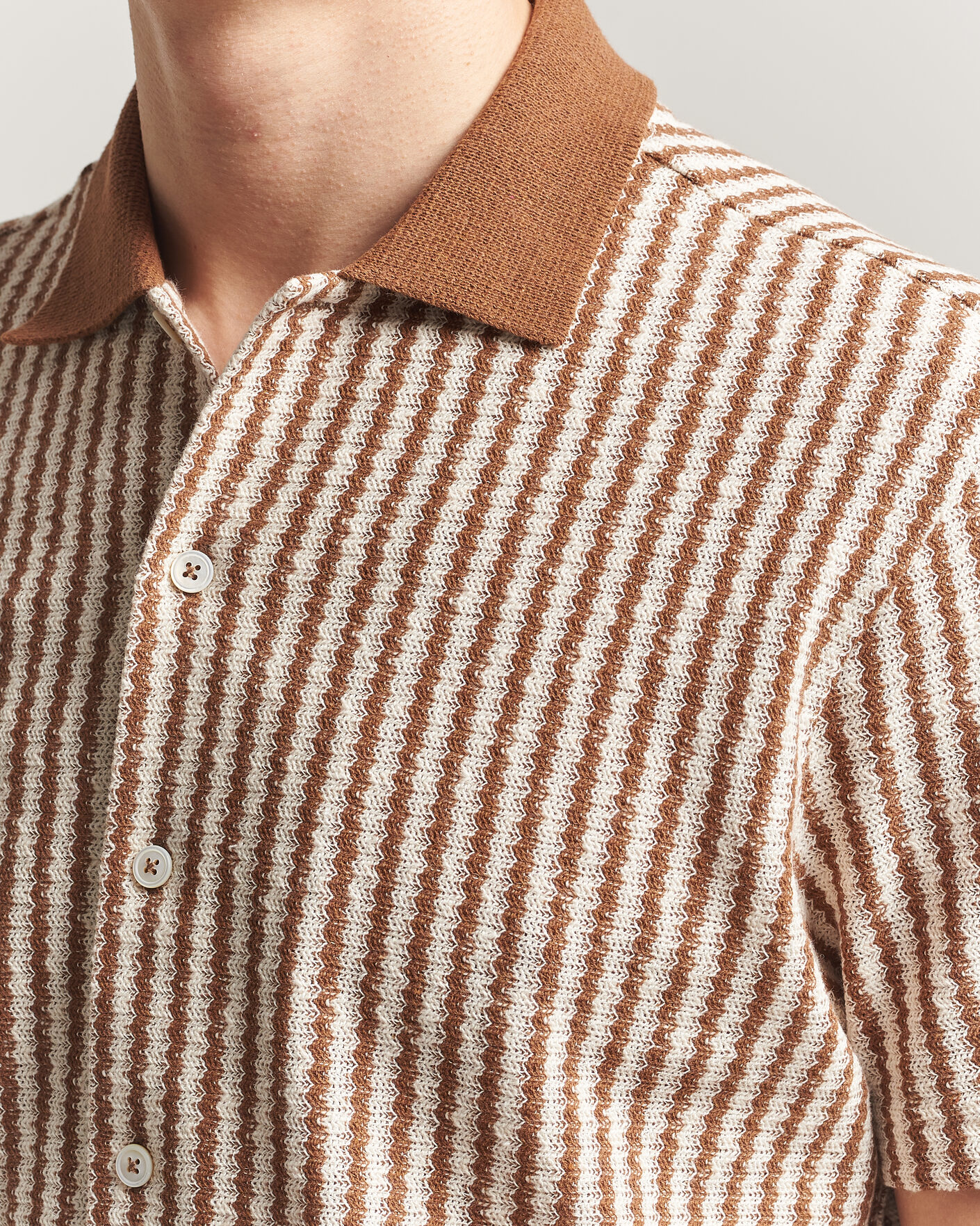 Herre | Skjorter | Gran Sasso | Cotton Knitted Striped Resort Shirt Brown/White