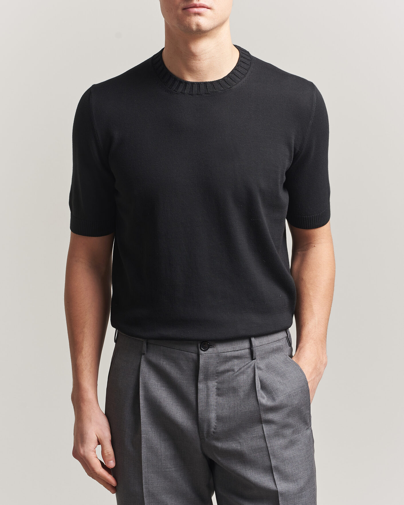 Herre | T-Shirts | Gran Sasso | Cotton Heavy Knitted Crew Neck T-Shirt Black