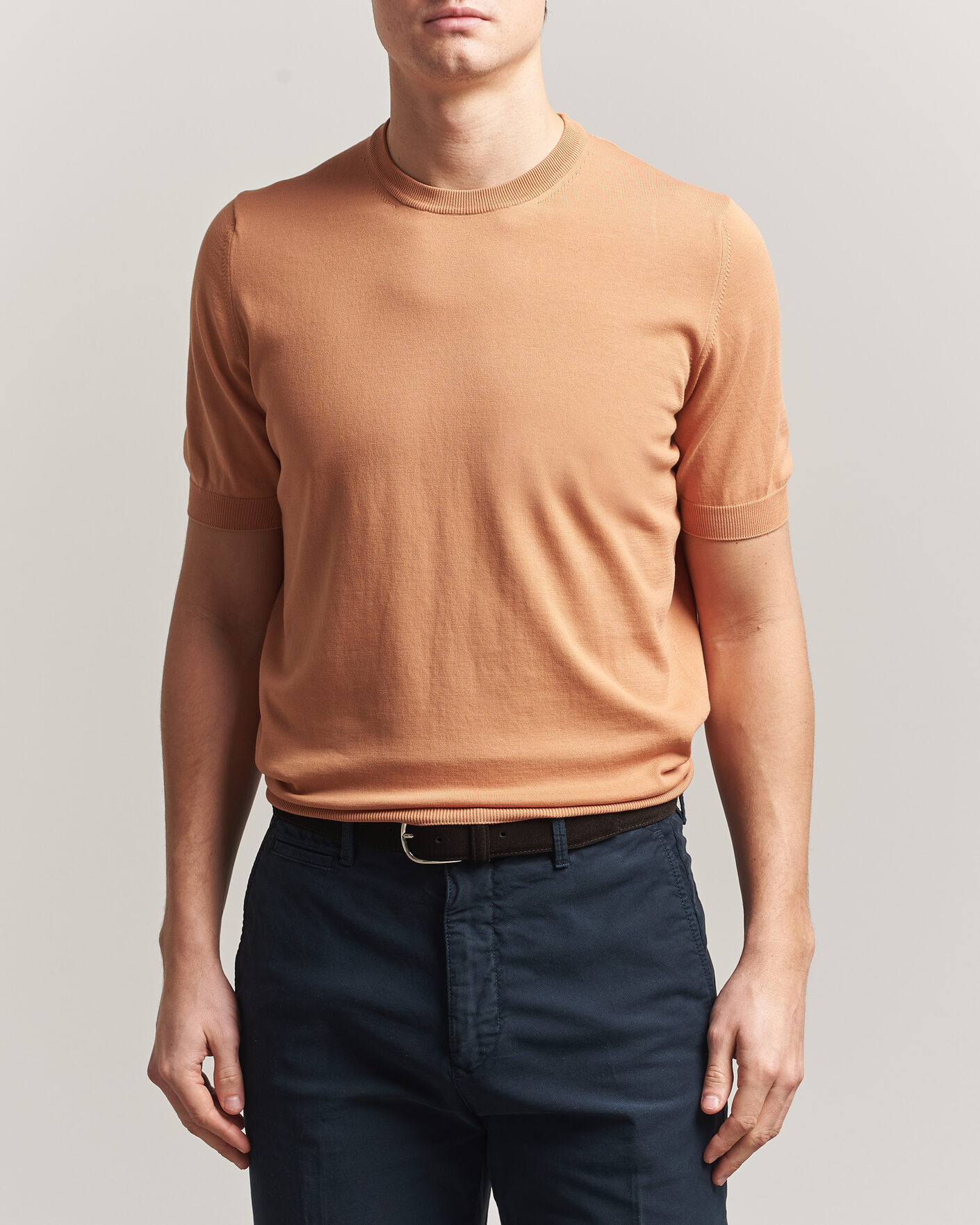 Herre | T-Shirts | Gran Sasso | Cotton Knitted Crew Neck T-Shirt Apricot Orange Melange