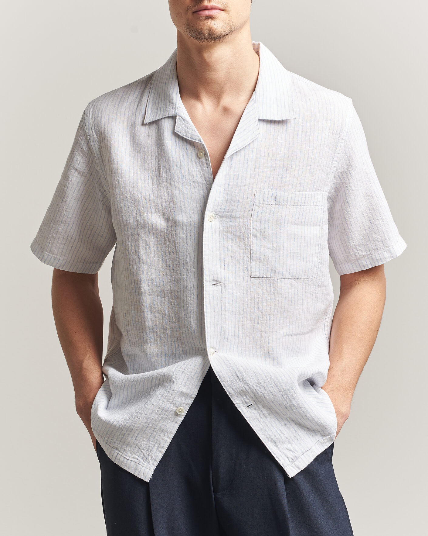 Herre | Skjorter | A Day's March | Yamu Striped Linen Short Sleeve Shirt White