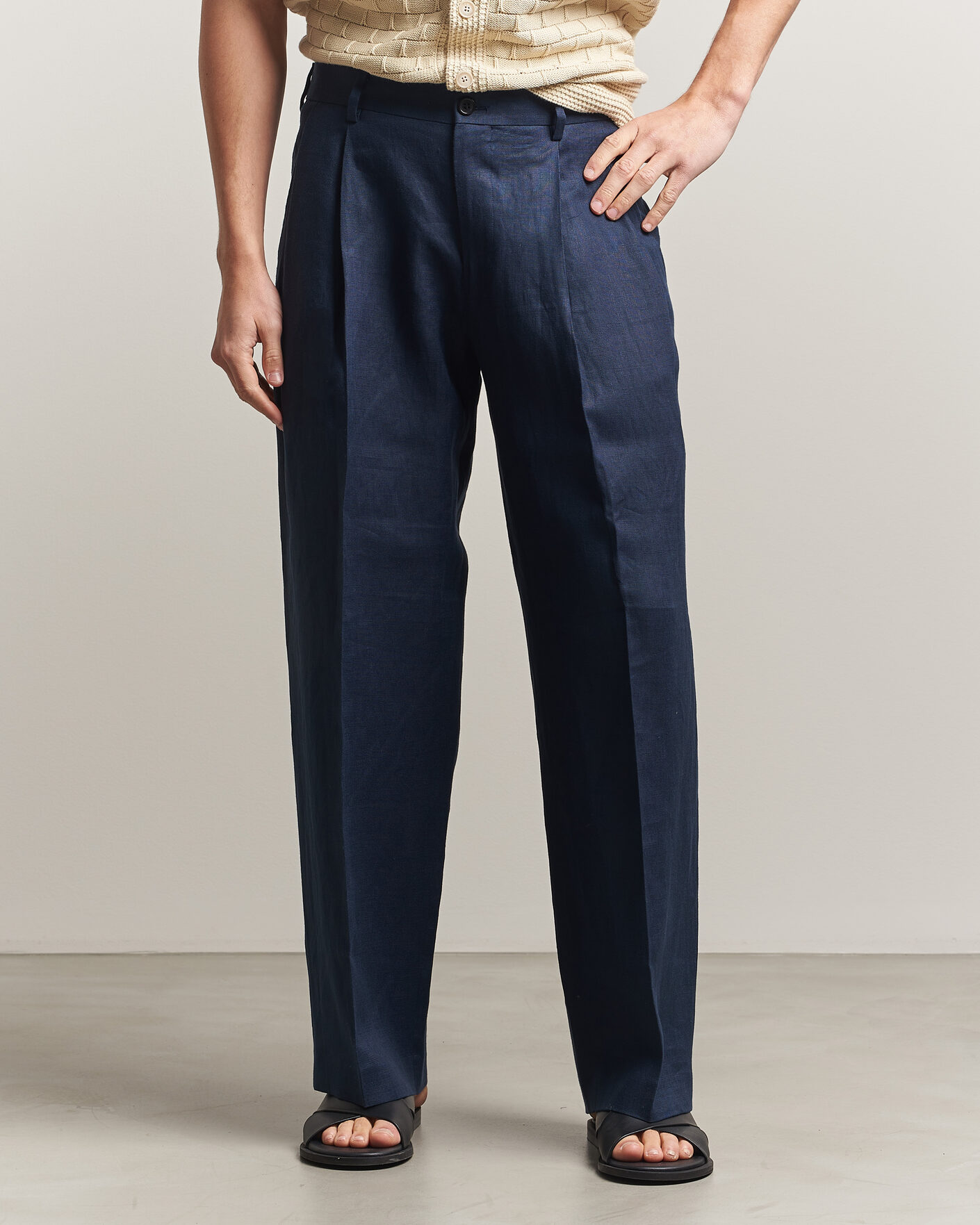 Herre | Bukser | NN07 | Justin Linen Double Pleated Trousers Navy Blue