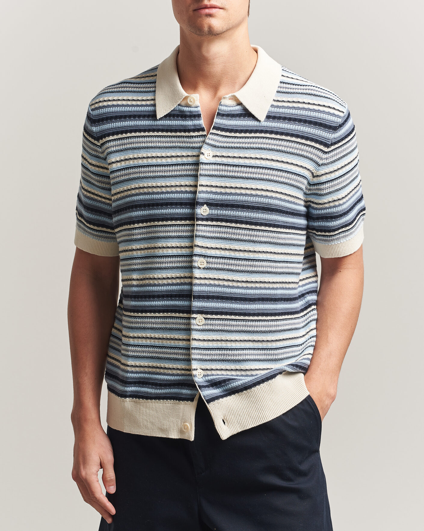 Herre | Skjorter | NN07 | Nolan Striped Knitted Short Sleeve Shirt Navy Multi