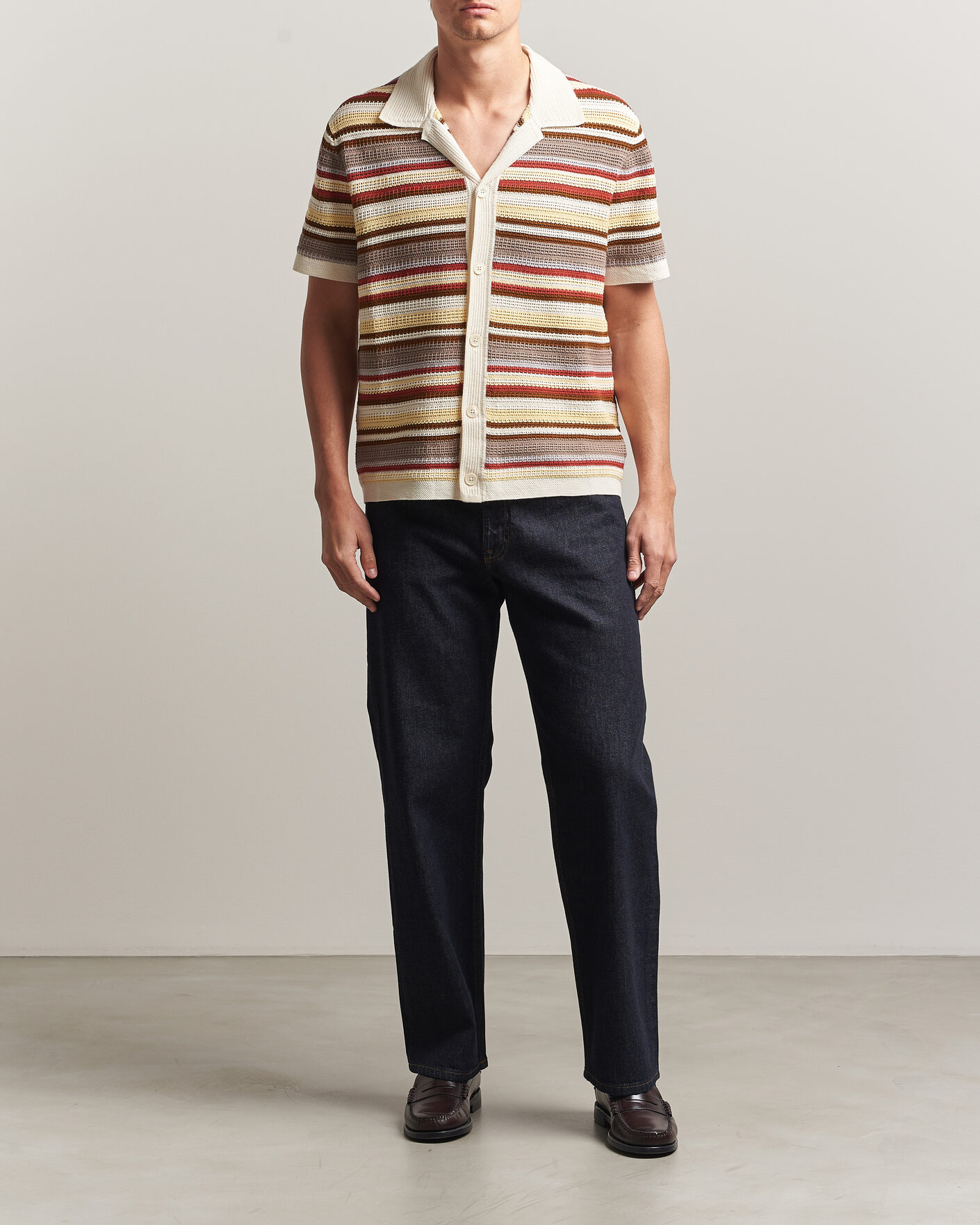 Herre | Skjorter | NN07 | Lars Striped Knitted Short Sleeve Shirt Ivory Multi