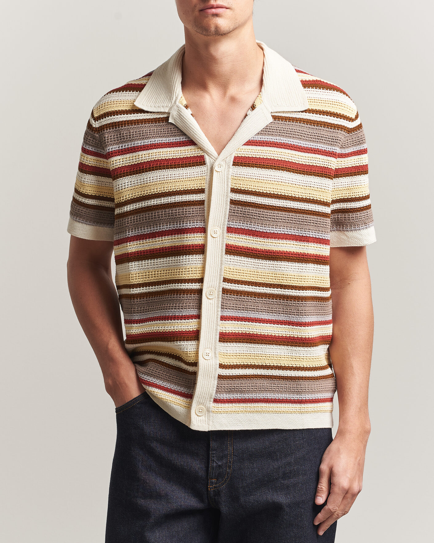 Herre | Skjorter | NN07 | Lars Striped Knitted Short Sleeve Shirt Ivory Multi