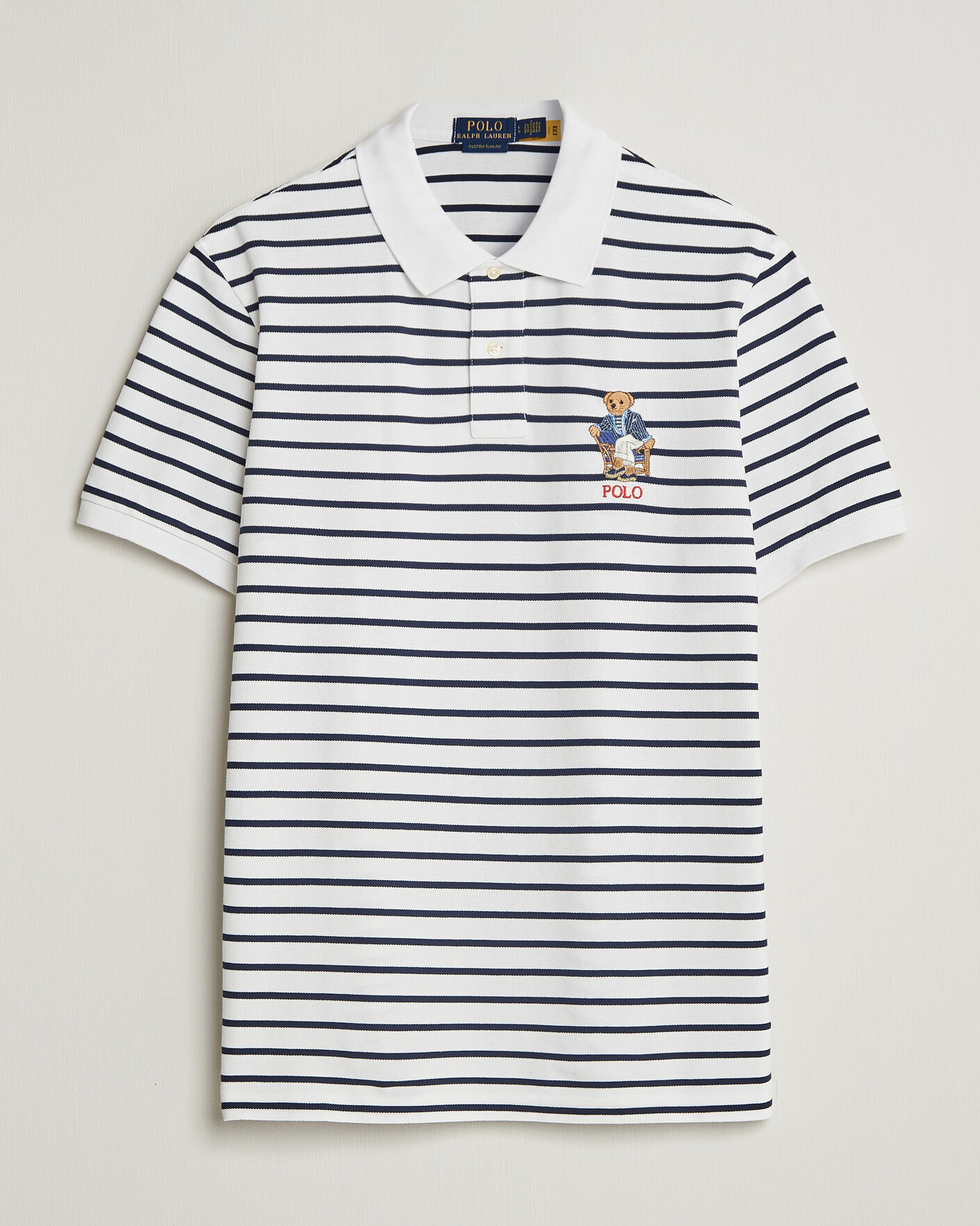 Herre | Pikéer | Polo Ralph Lauren | Newport Bear Striped Custom Slim Polo White/Navy