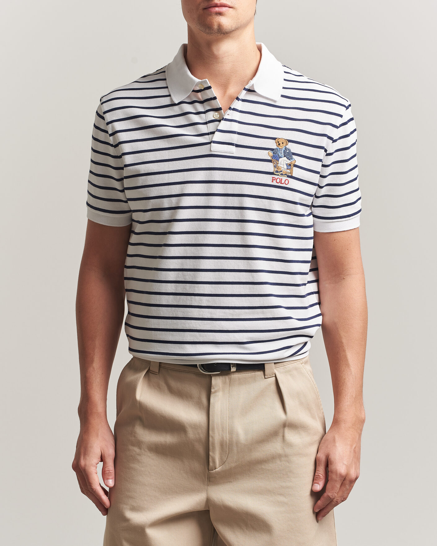 Herre | Pikéer | Polo Ralph Lauren | Newport Bear Striped Custom Slim Polo White/Navy