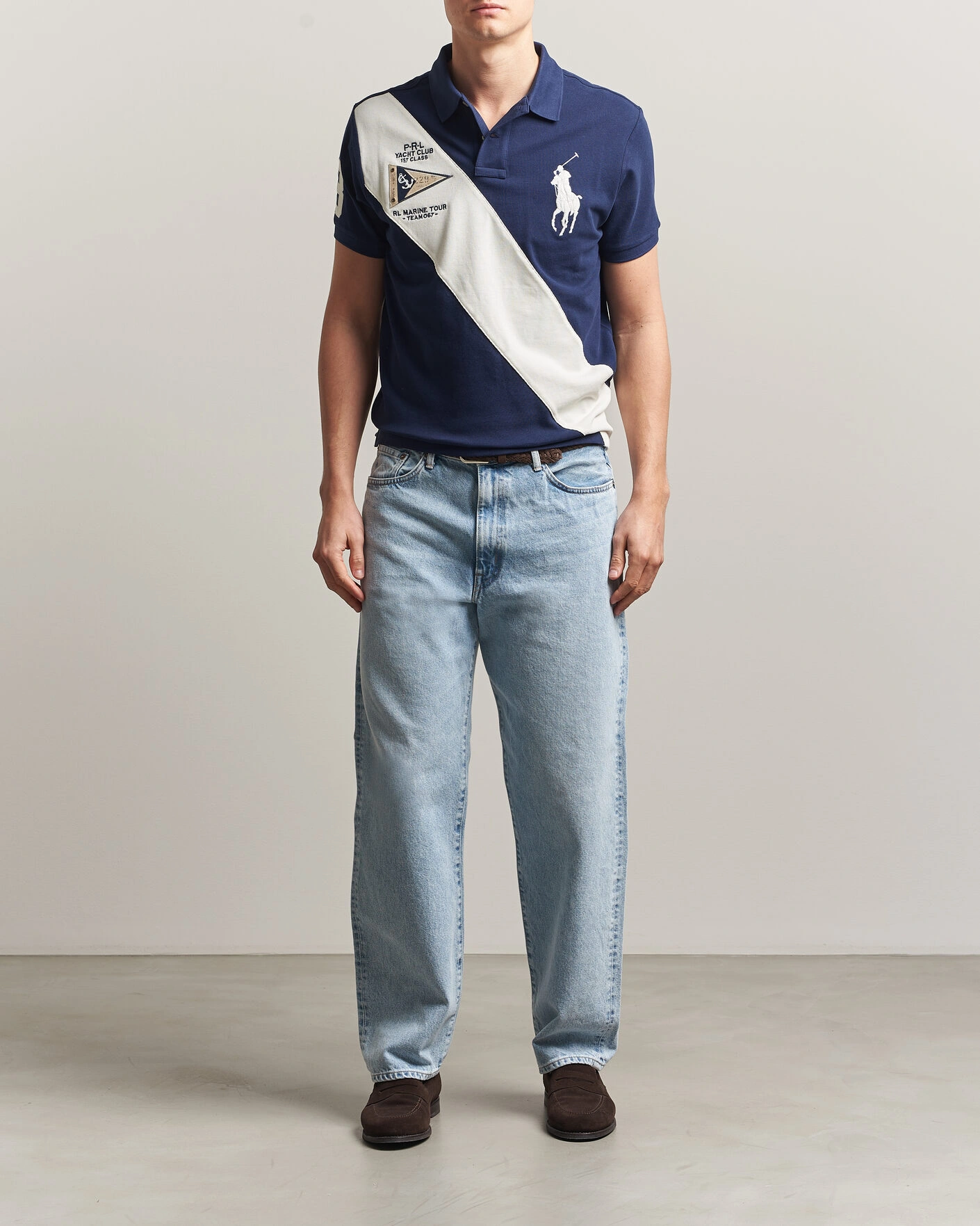 Herre | Pikéer | Polo Ralph Lauren | Custom Slim Diagonal Stipe Polo Newport Navy/Nevis