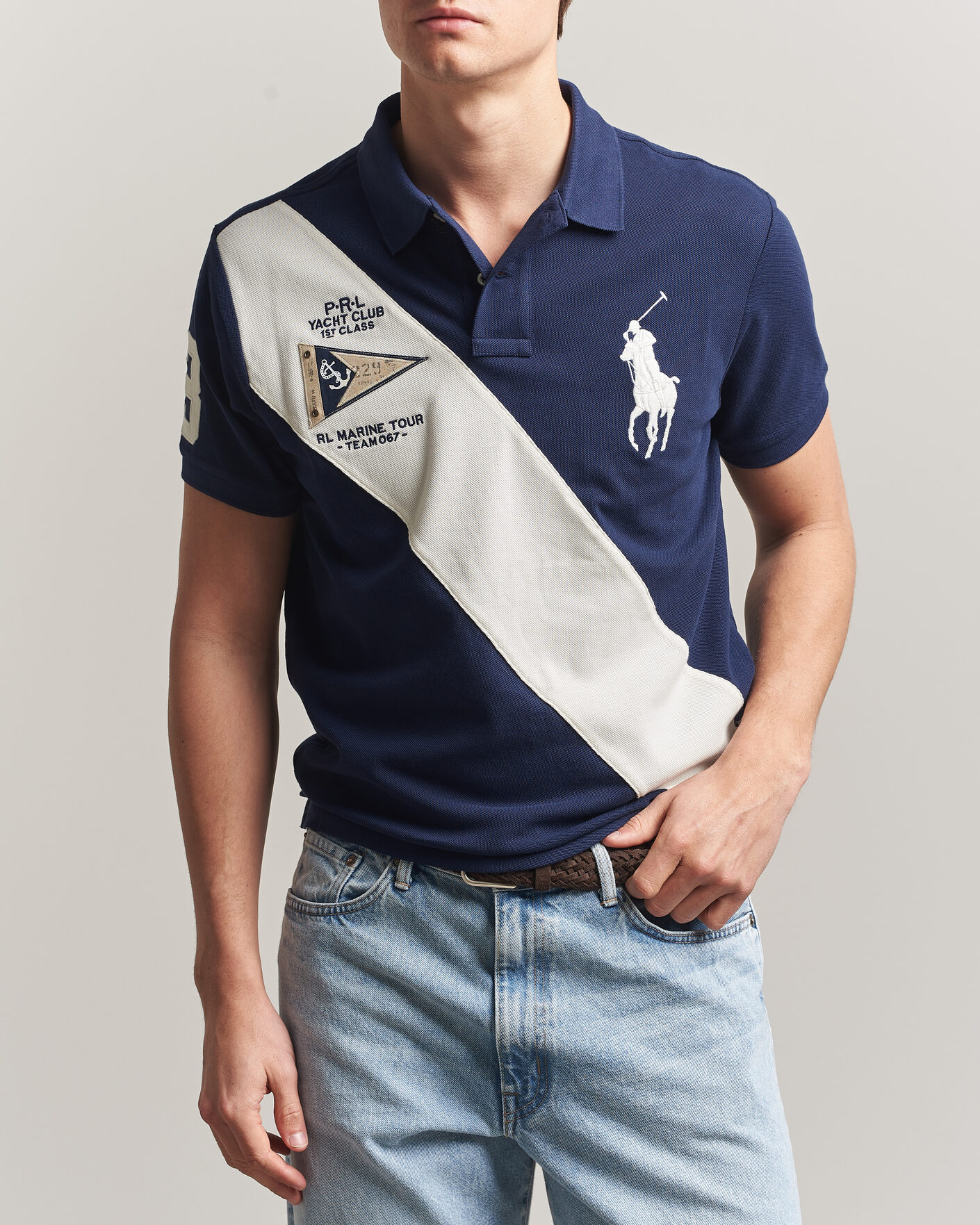 Herre | Pikéer | Polo Ralph Lauren | Custom Slim Diagonal Stipe Polo Newport Navy/Nevis