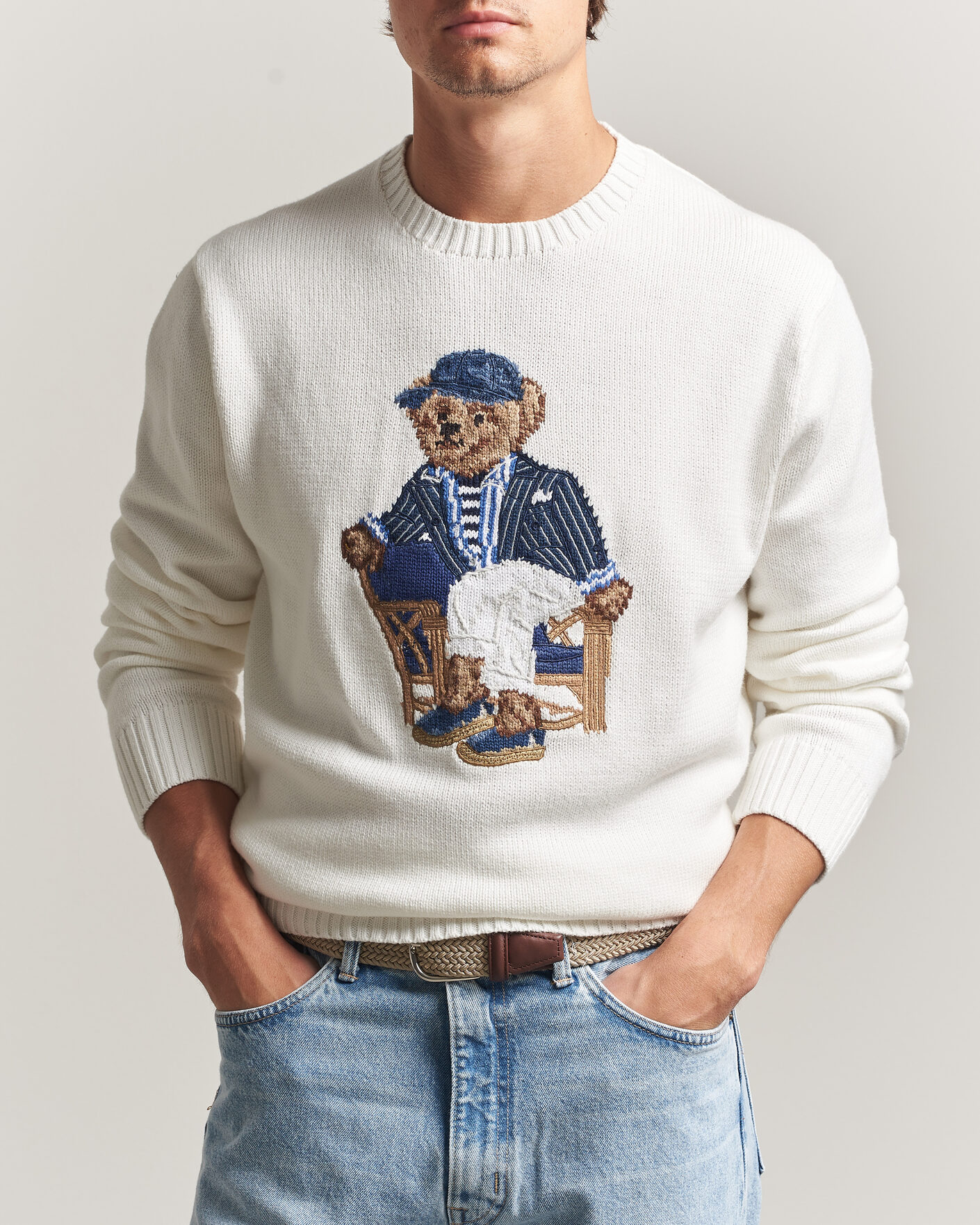 Herre | Gensere | Polo Ralph Lauren | Newport Bear Cotton/Linen Sweater Deckwash White