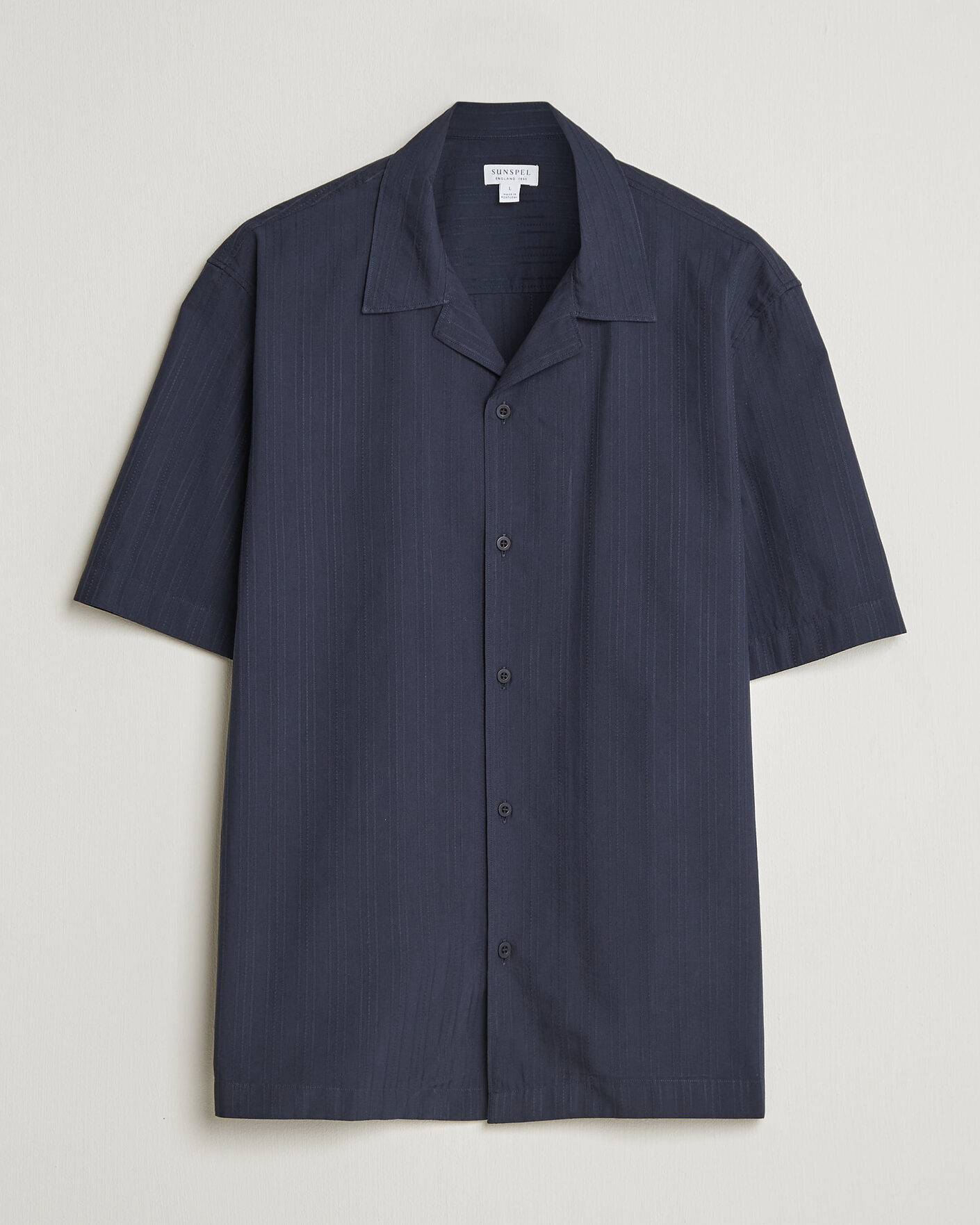 Herre | Skjorter | Sunspel | Short Sleeve Textured Stripe Shirt Navy