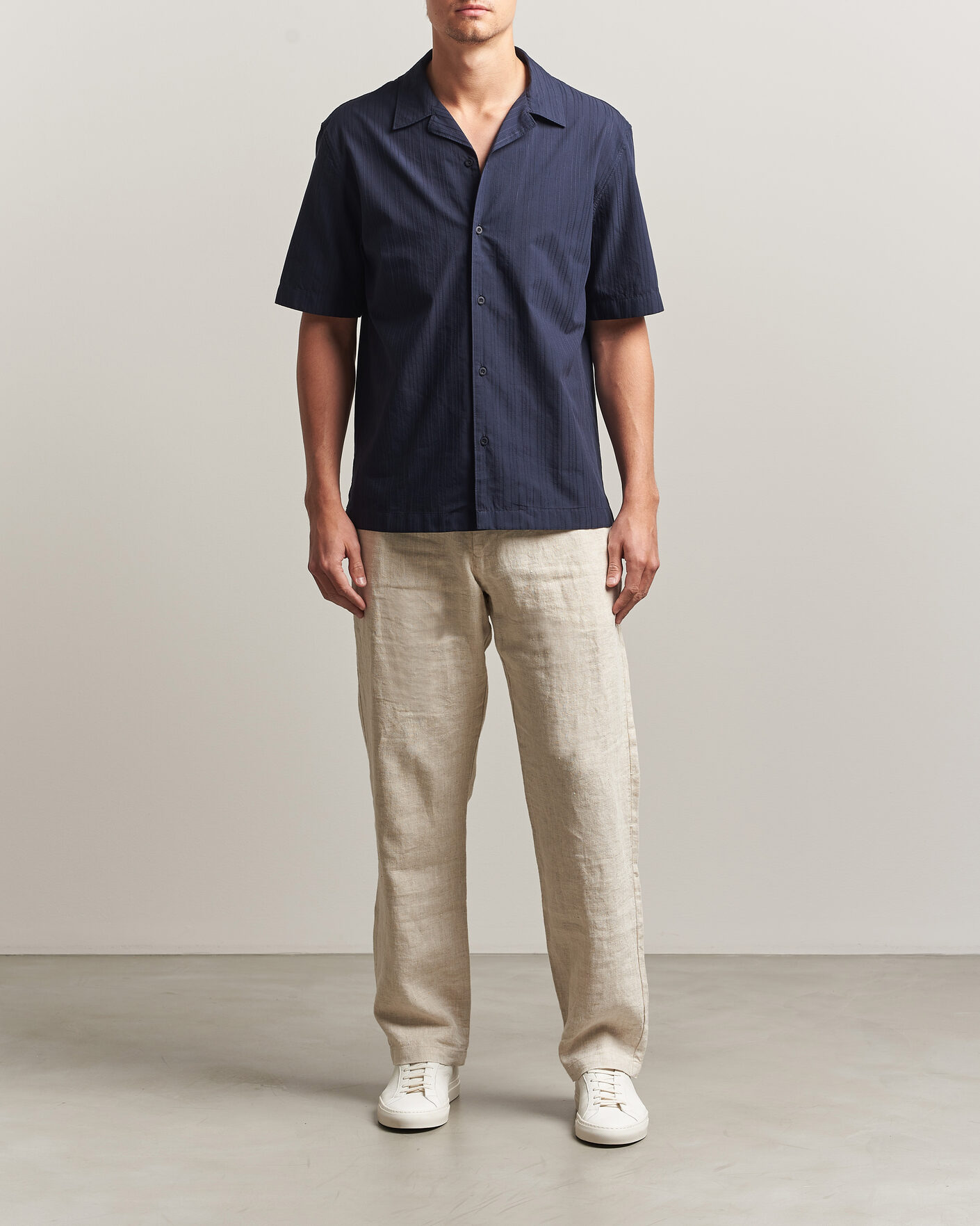 Herre | Skjorter | Sunspel | Short Sleeve Textured Stripe Shirt Navy