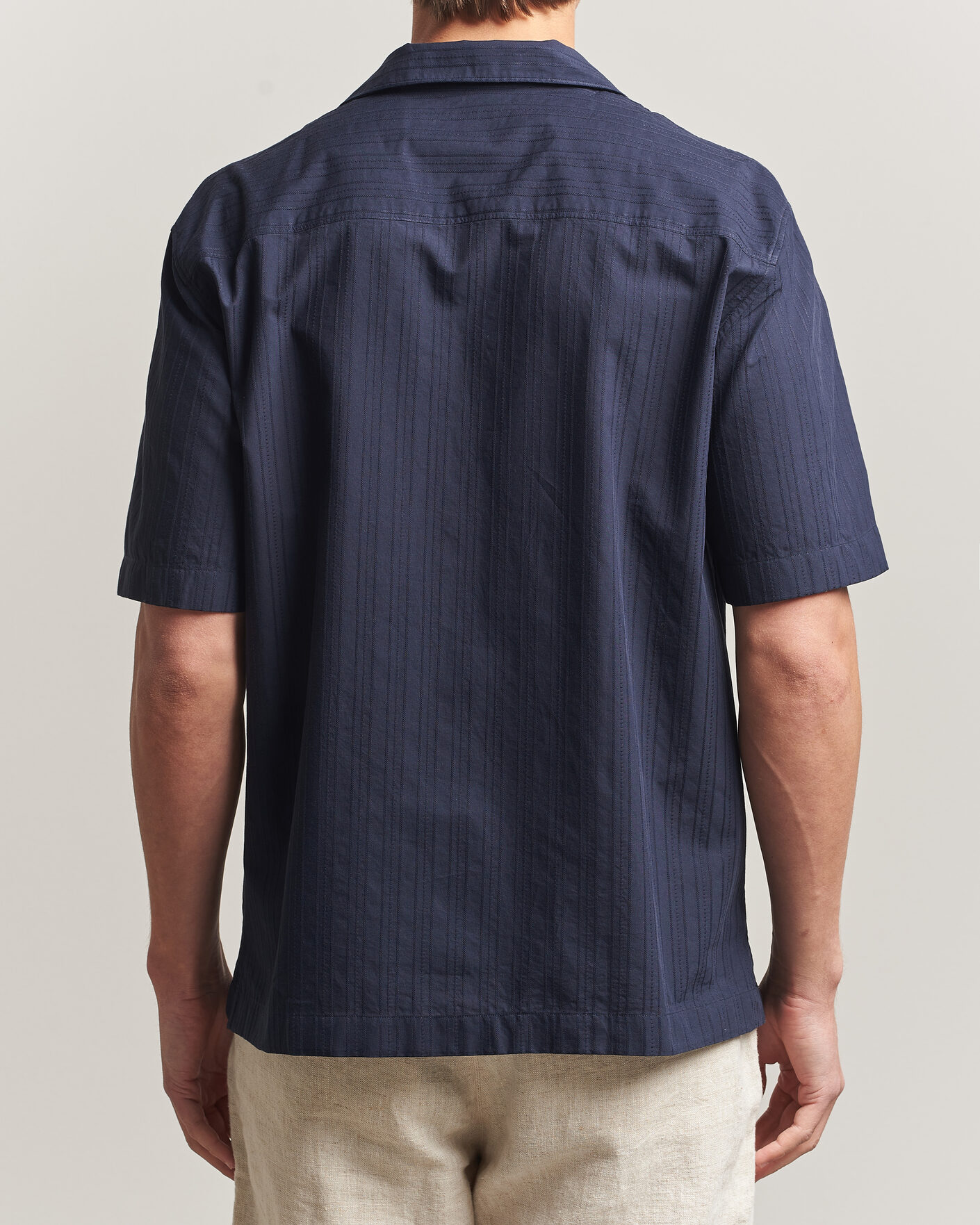 Herre | Skjorter | Sunspel | Short Sleeve Textured Stripe Shirt Navy