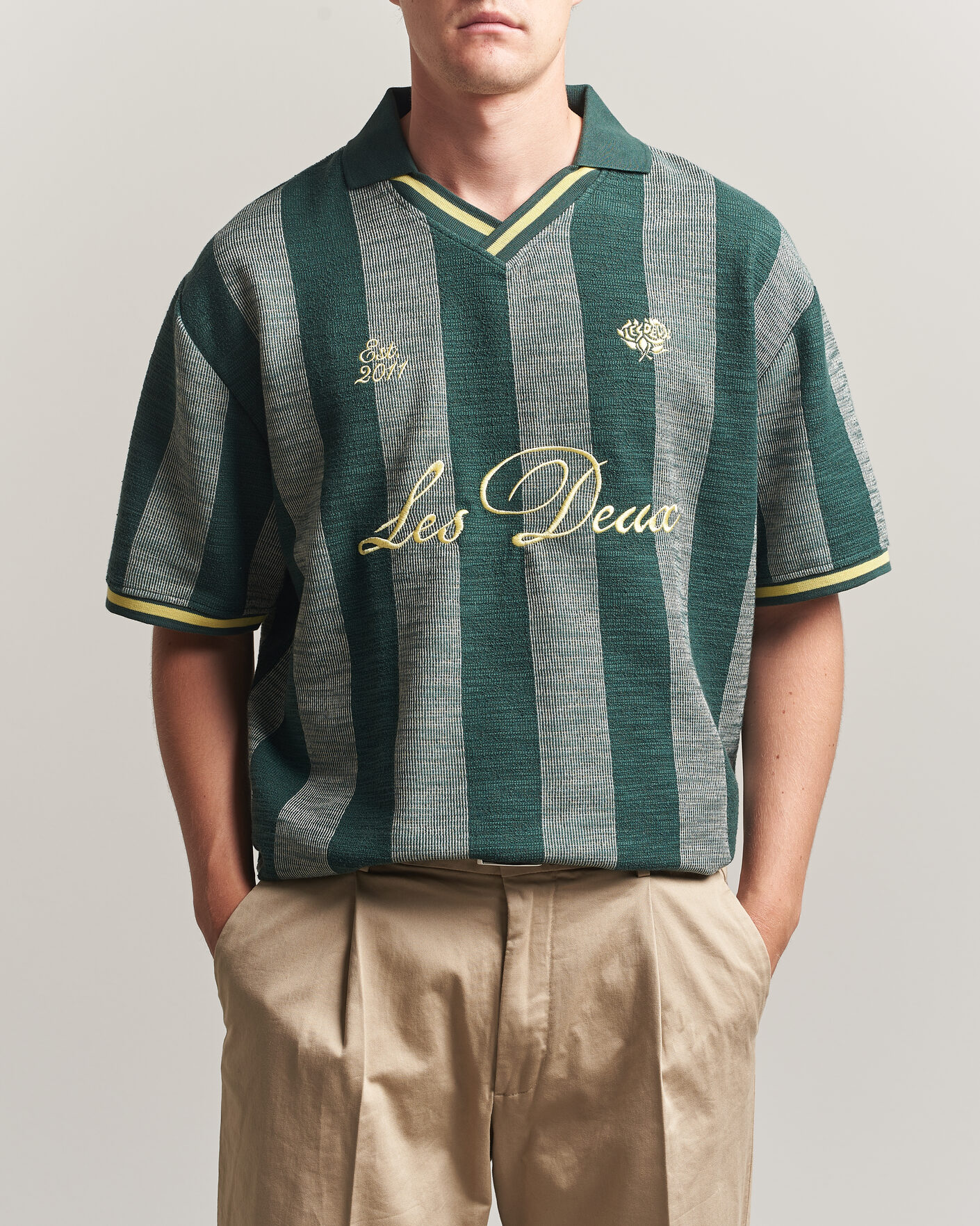 Herre | Pikéer | LES DEUX | Stripe Jacquard Football Jersey Pine Green