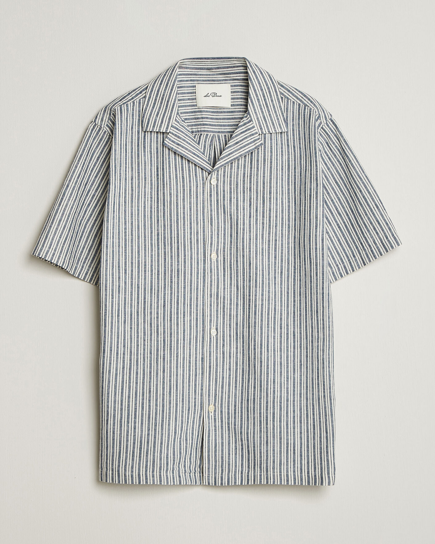 Herre | Skjorter | LES DEUX | Stripe Cotton/Linen Short Sleeve Shirt Dark Blue