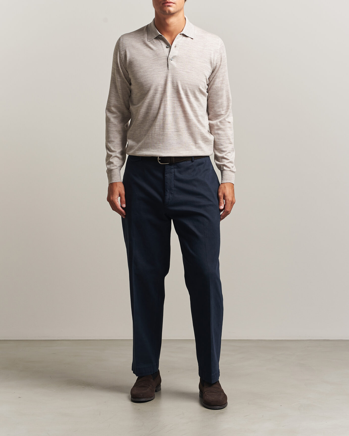 Herre | Gensere | Fedeli | 140s Fine Wool Long Sleeve Polo Beige Melange