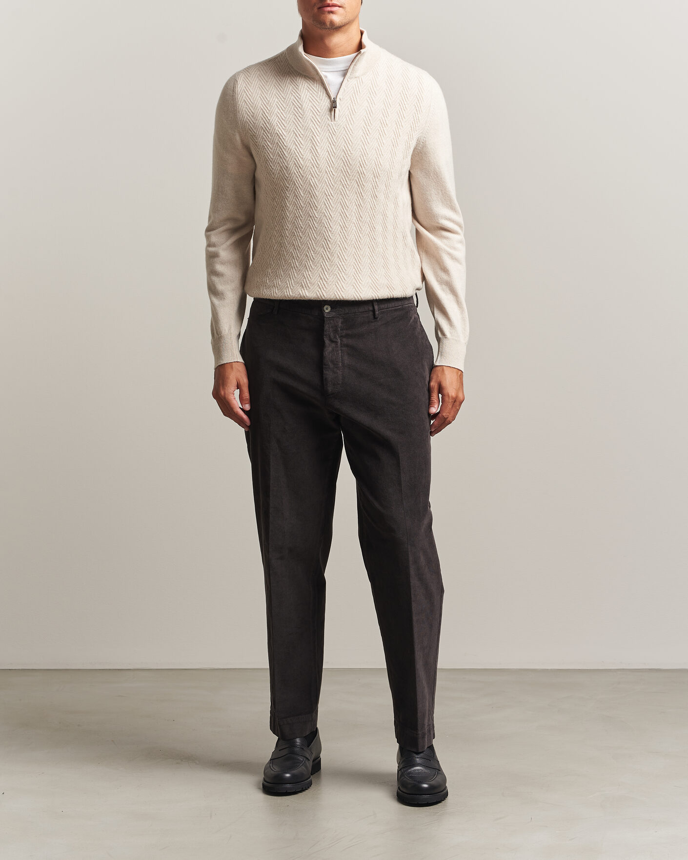 Herre | Gensere | Fedeli | Wool/Cashmere Chevron Half Zip Light Beige