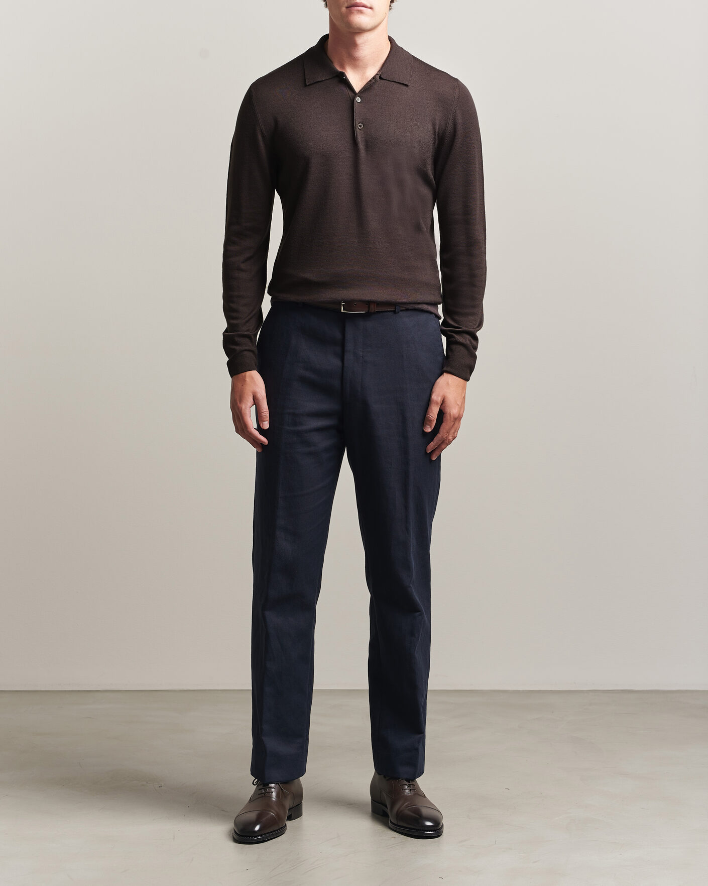 Herre | Gensere | Canali | Merino Wool Long Sleeve Polo Dark Brown